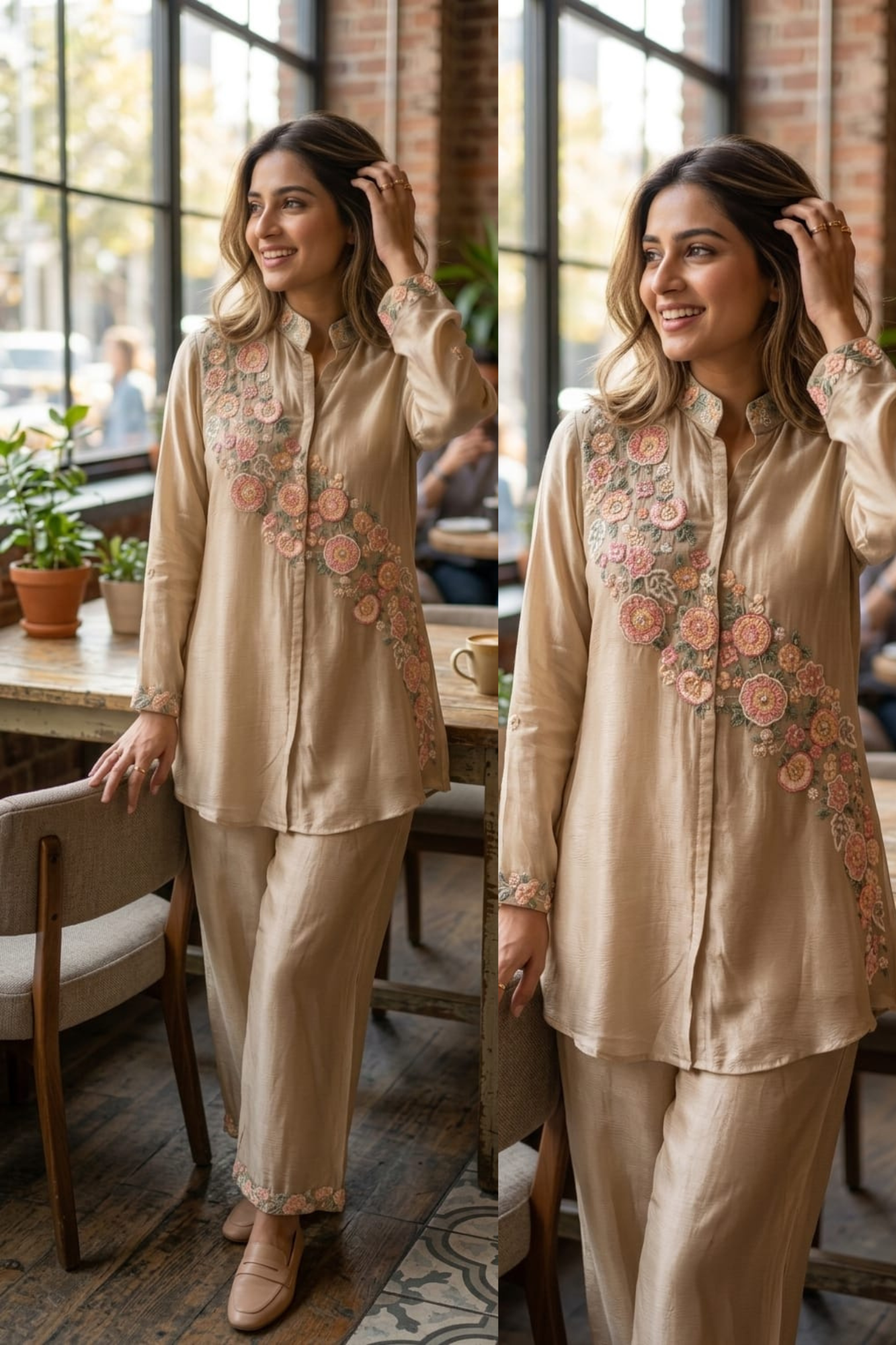 Elegant Beige Chinon Co-Ord Set with Intricate Floral Embroidery 14073 RB67