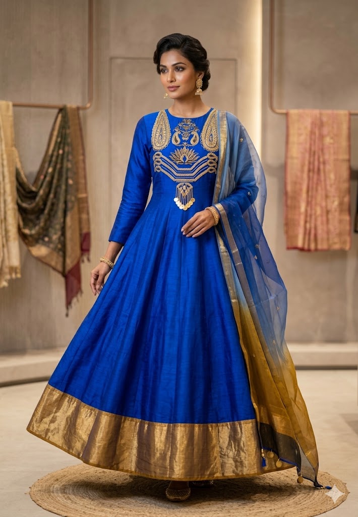 Royal Blue Aura Zari Embellished Anarkali Full Suit Set With Dupatta In Silk Fabric & Slight Banarasi Touch- 11085