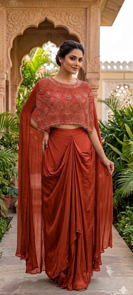 Olive & Crimson Drape Elegance Embroidered Cape Set With Flowy Skirt- 11366