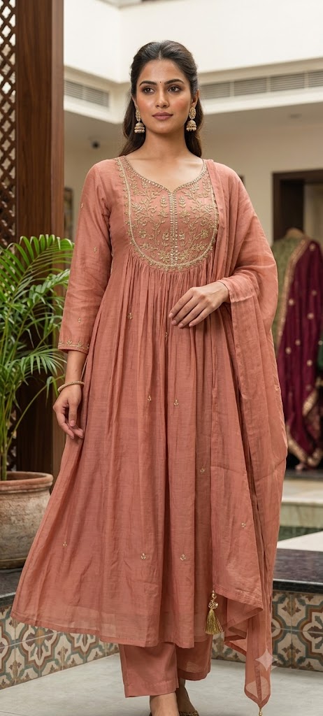 Zardosi Cut-Dana Embroidered Yoke Surat Mul-Chanderi Anarkali Full Suit Set With Dupatta- 15319