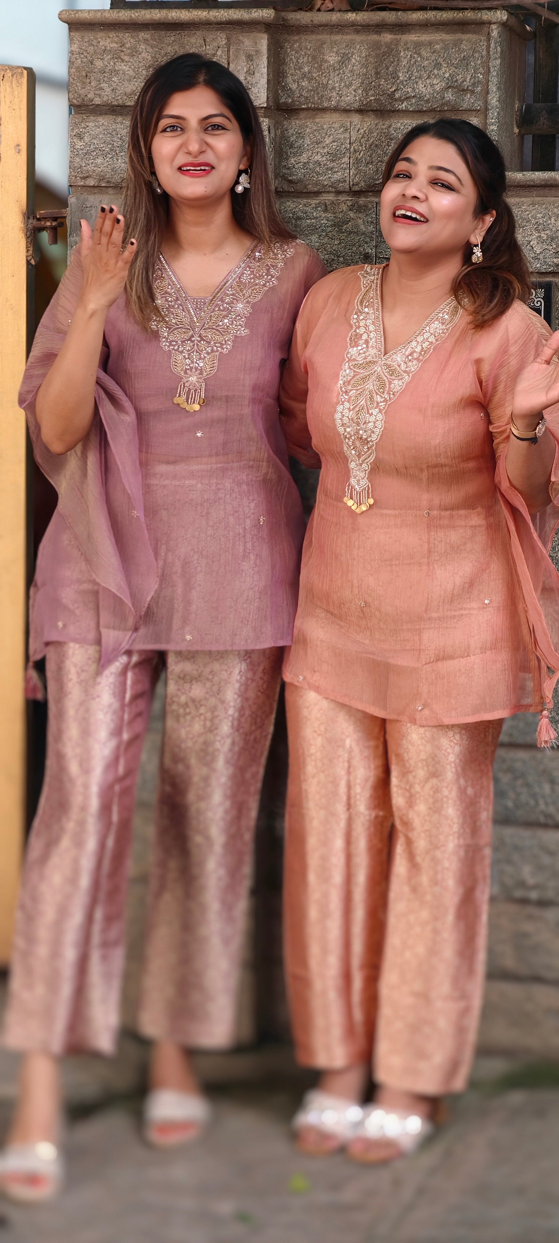 Intricate Beads With Cut-Dana Embroidered Neckline Crush Tissue Kaftan Style Sleeve Co-Ord Set With Brocade Bottom- 15967