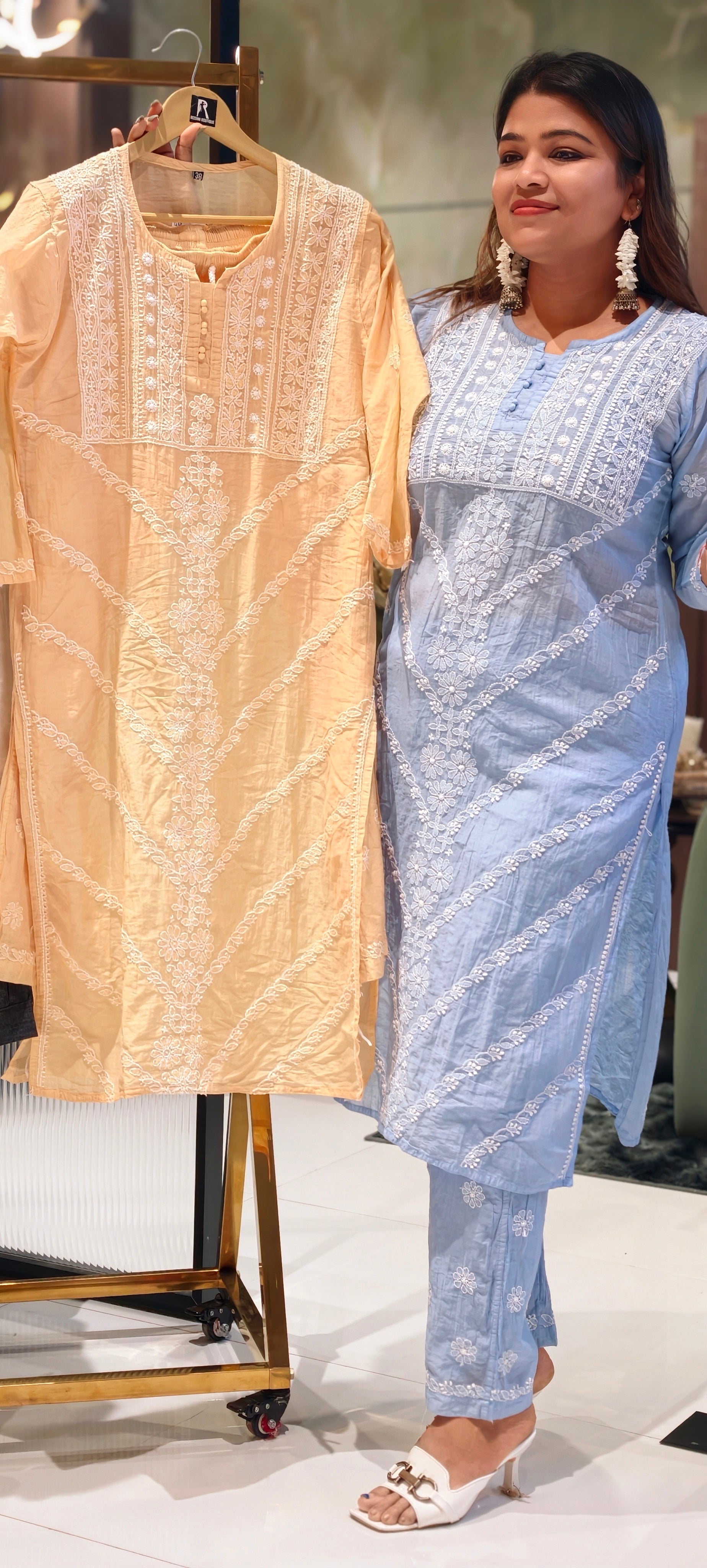 Mul Chanderi Lucknowi Style Embroidered Kurta Pant Set-13952