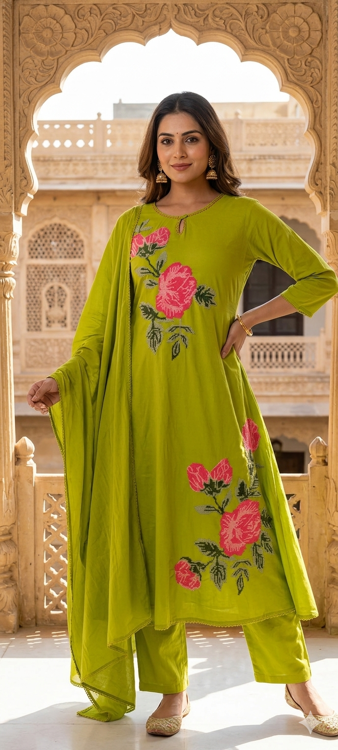 Elegant Cotton A-Line Floral Cross Stich Embroidered Kurta Suit Set wi Elegant Cotton A-Line Floral Cross Stich Embroidered Kurta Suit Set wi