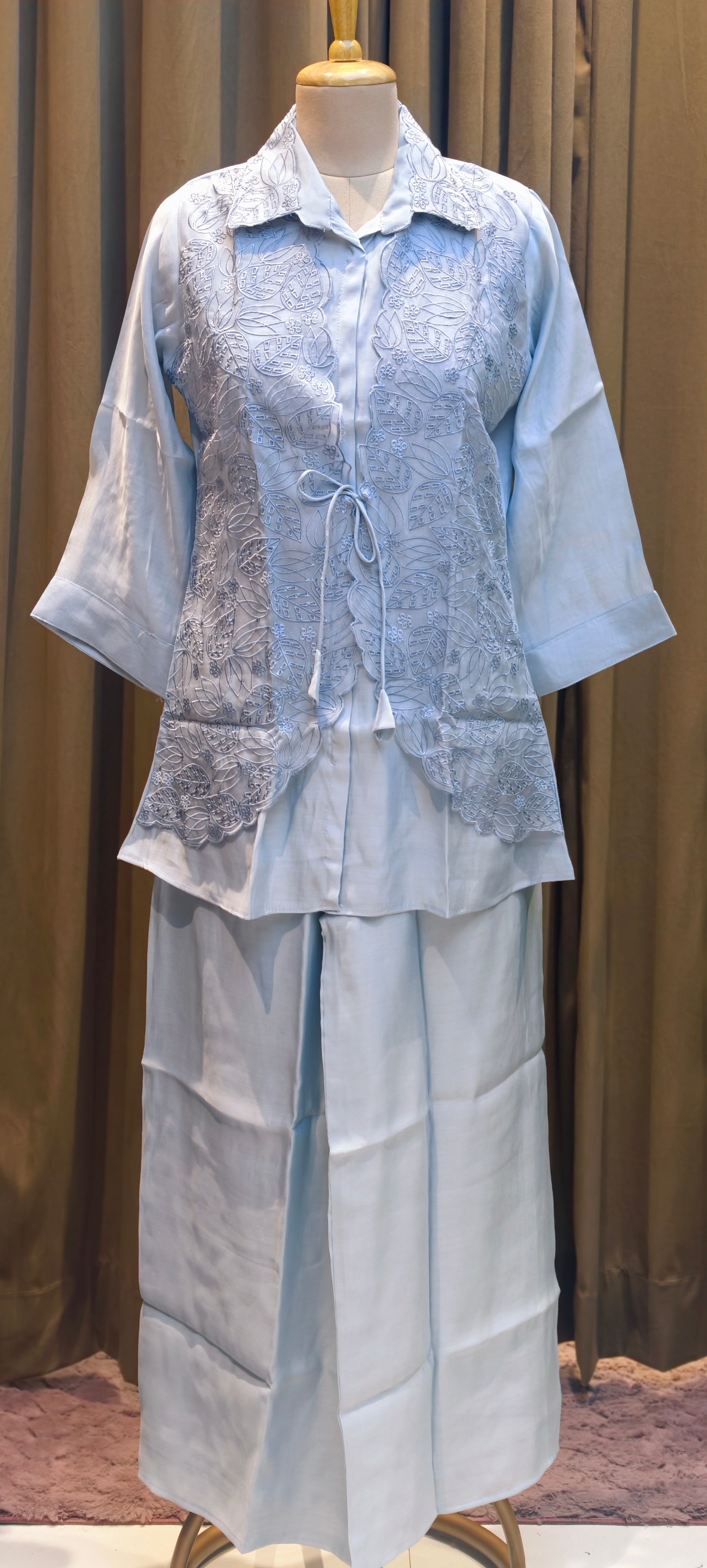 Pastel Surat Mul Chanderi Kurta Set with Statement Embroidered Attached Jacket-13904