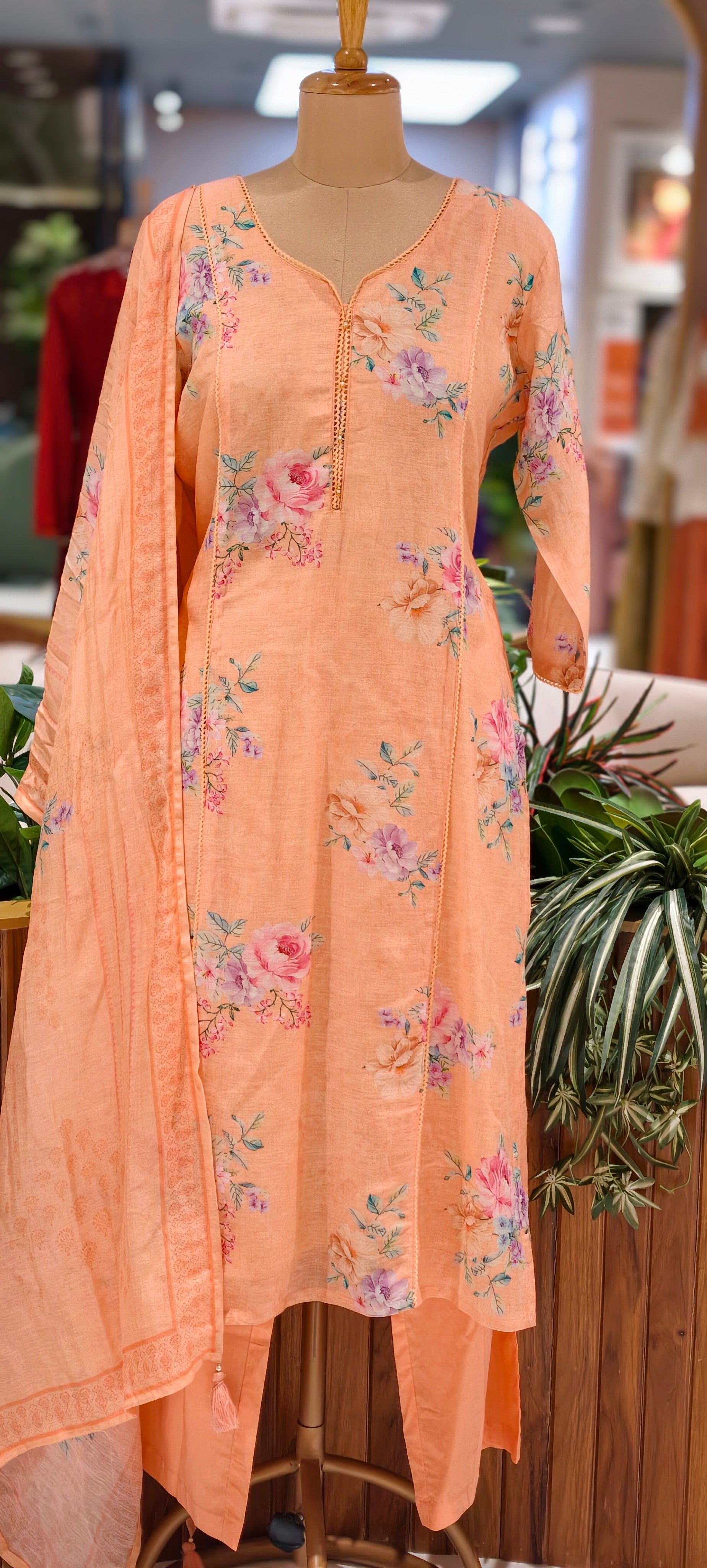 Premium Linen Floral Printed Straight Kurti with Minimal Embroidered Neckline 13976 RB45