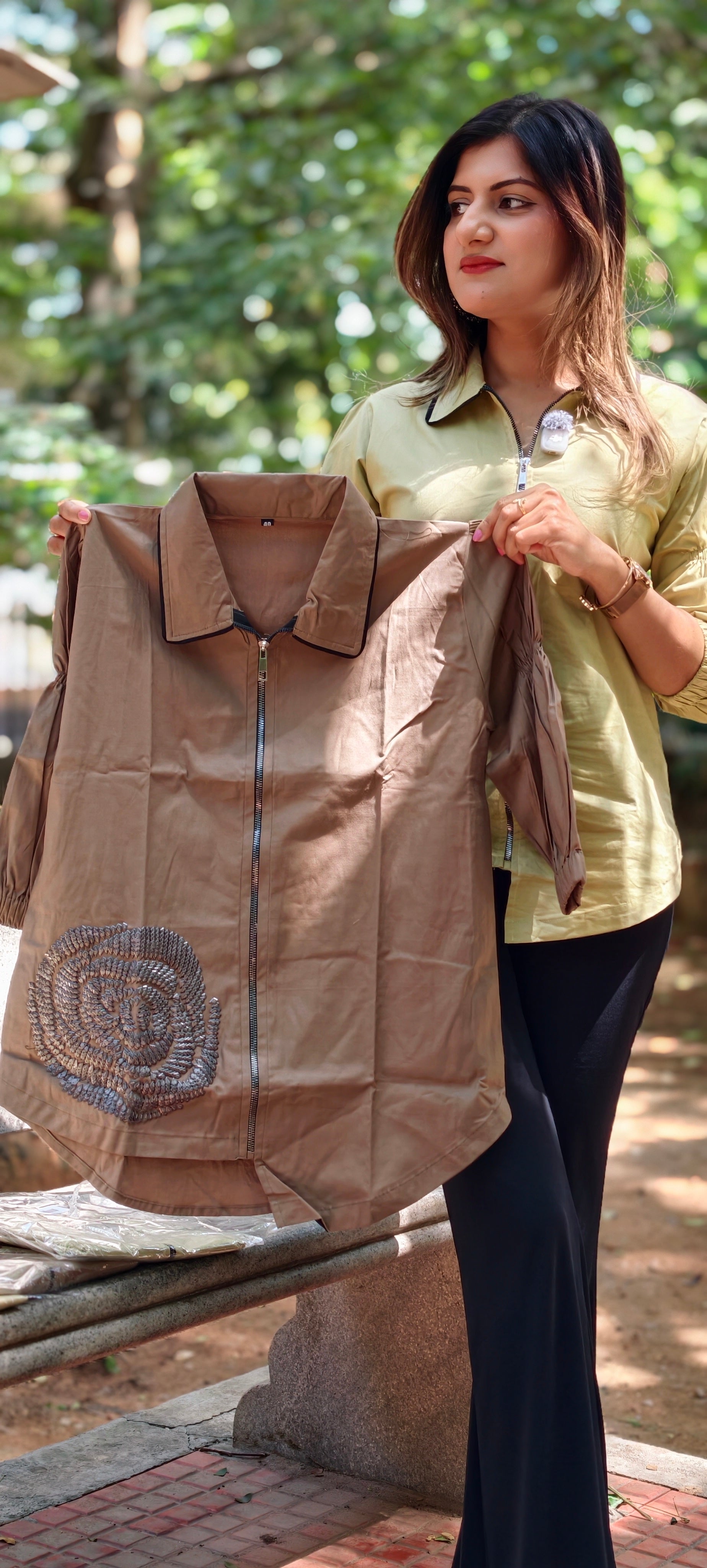 Stylish Full-Zip Collared Tunic Top with Contrast Black Piping Trim & Spiral Embroidered Hem- 16116