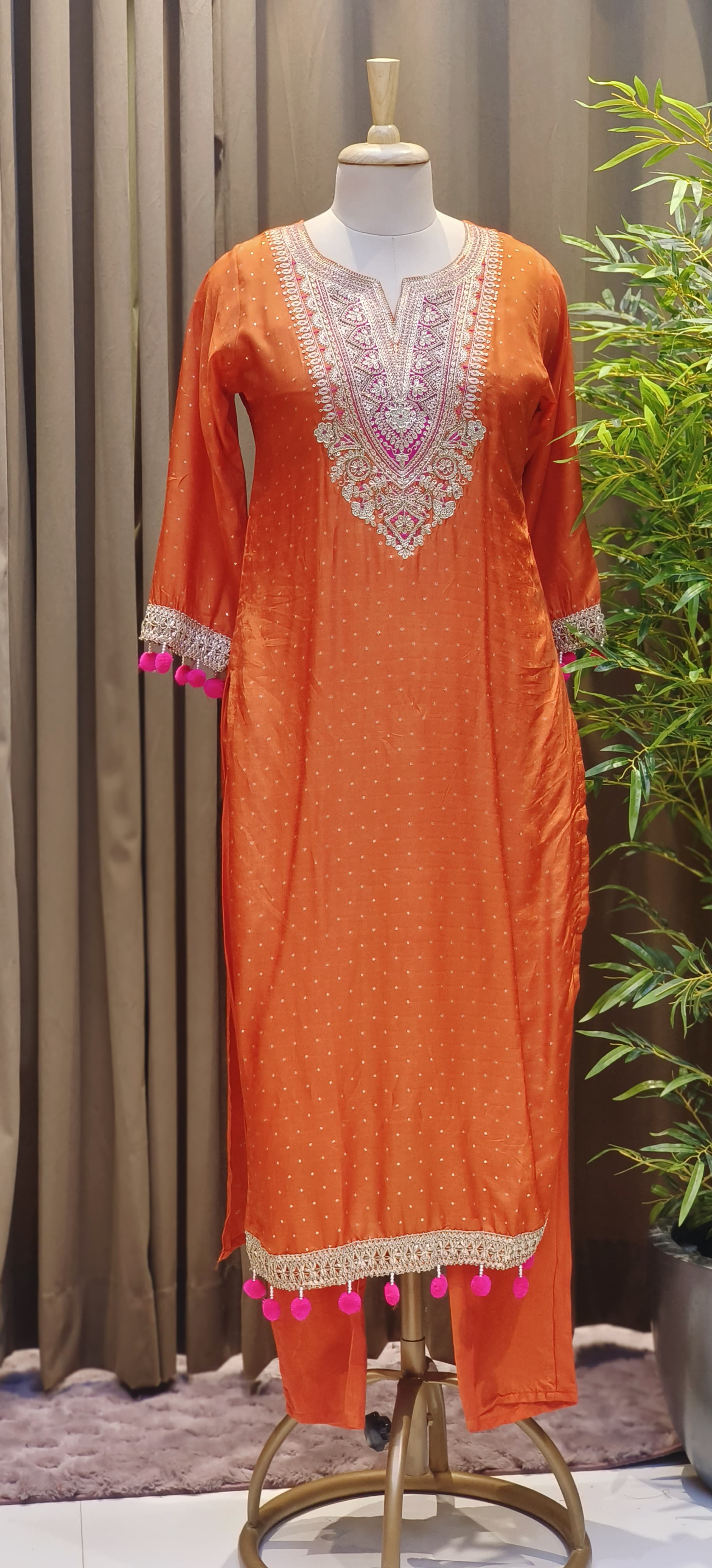 Dola Silk Embroidered Kurta Set with Heavy Zari & Thread Work Yoke, Matching Pants, and Pom-Pom Detailed Dupatta-12706,12705