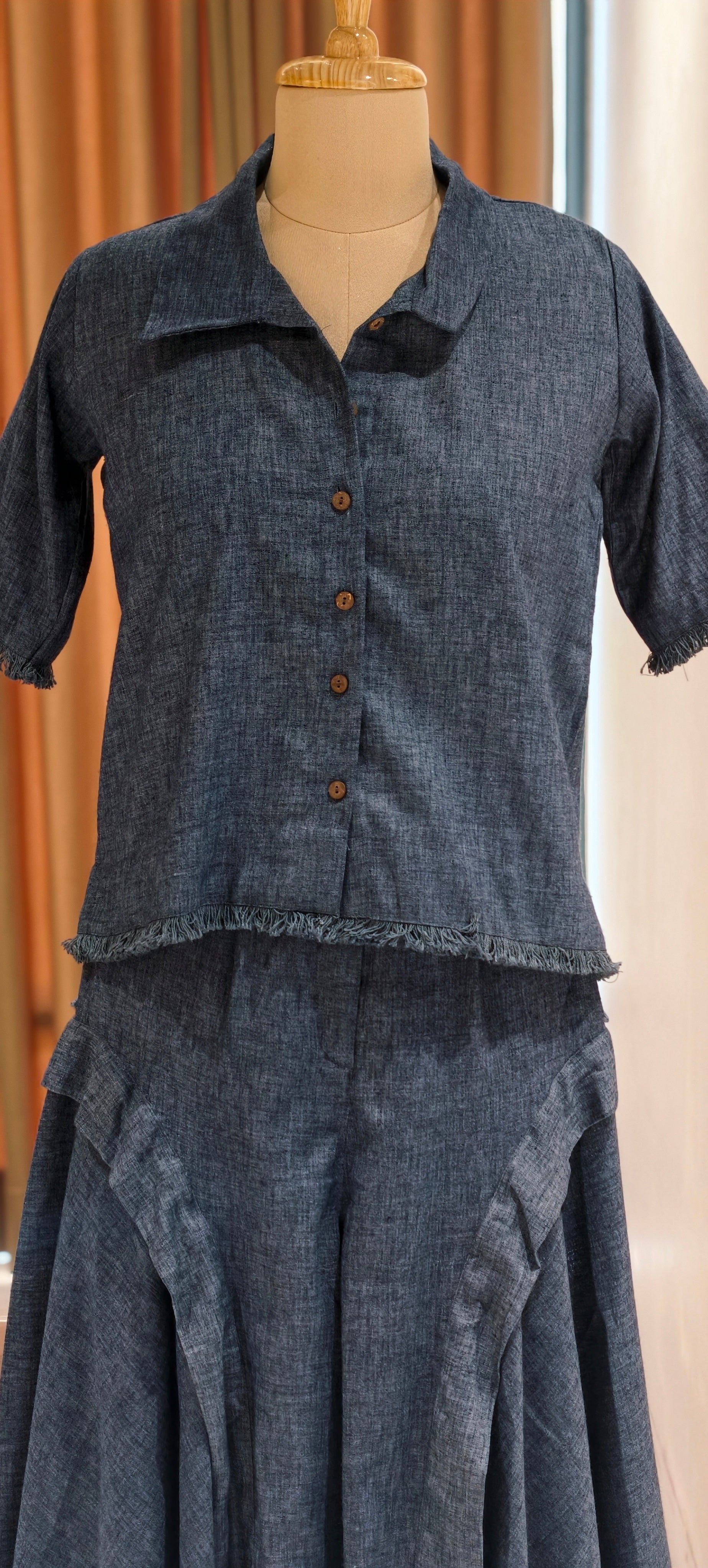 Handloom Cotton Shirt Co-Ord Set with With Short Top & Statement Flared Bottom Pants-14192 RB177