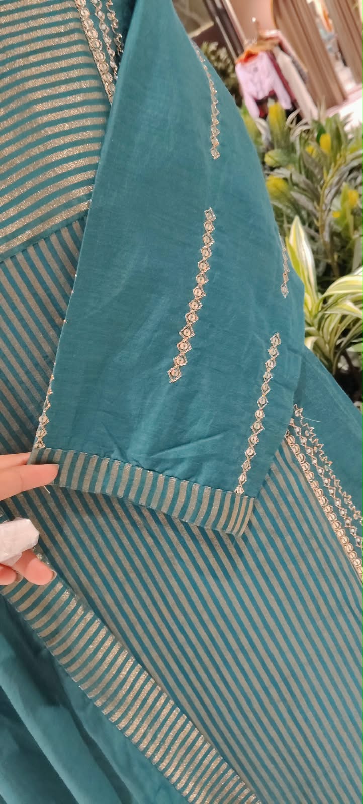 Golden Stripes Intricate Sequin Embroidery Banarasi Mul Chanderi A-Line Full Suit Set With Matching Dupatta- 16339