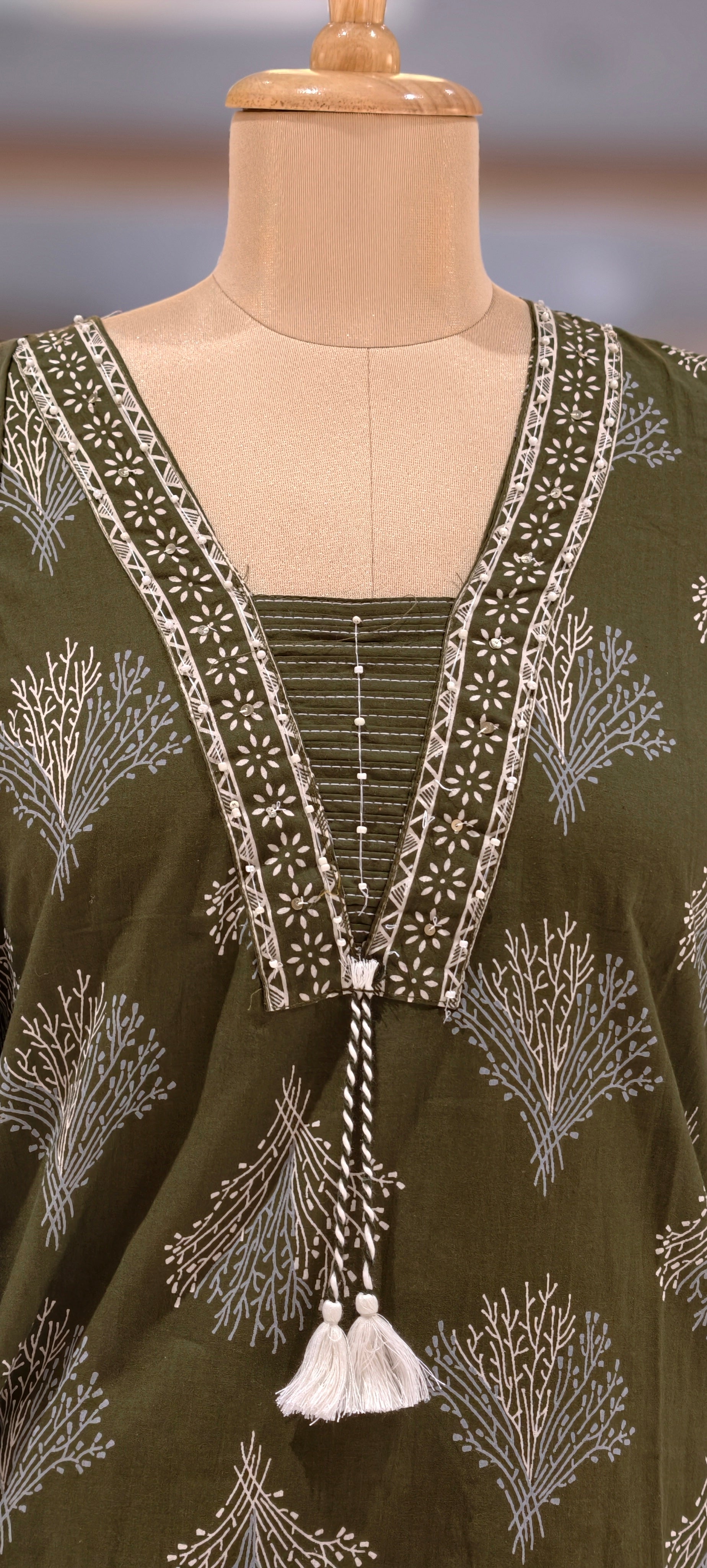 Cotton Elegant Hand block Print Kurta Set with Intricate Border Detailing & Tassel Tie-Up Neck Full Suit Set