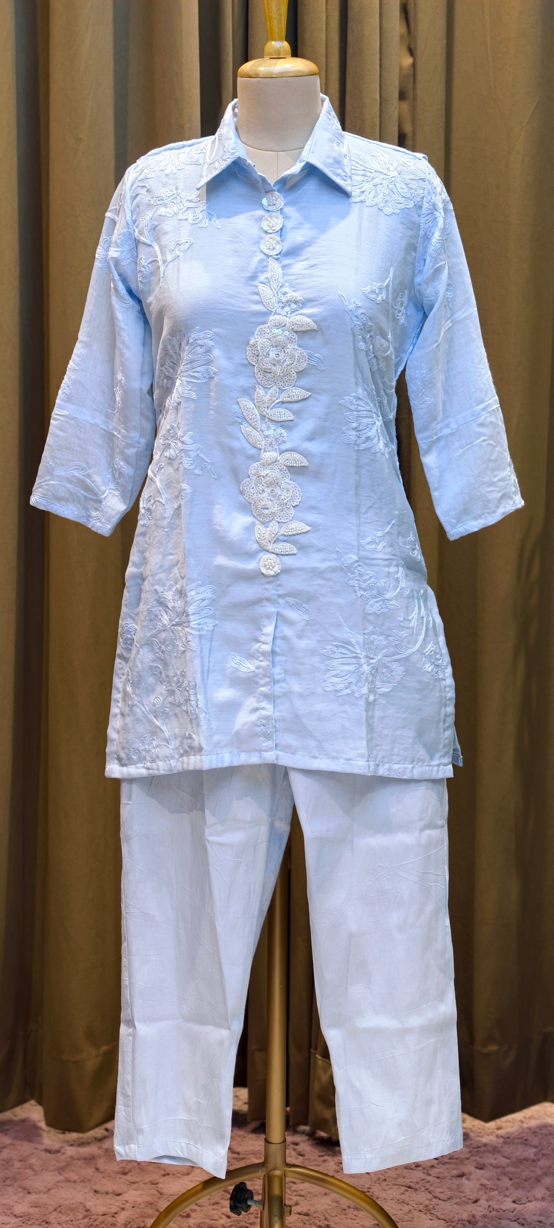 Pearl White Floral Embroidered Premium Cotton Co-Ord Set With Tiny Pearl & Sequin Placket- 13829