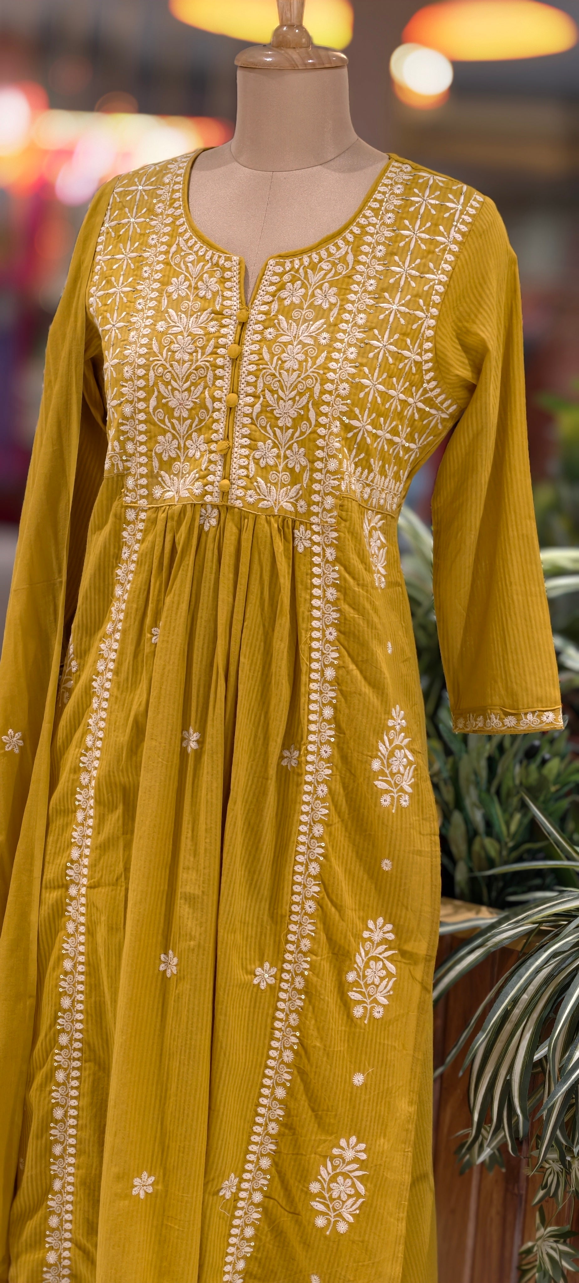 Chikankari Style Thread Embroidered Aline Kurta Set with Pants & Dupatta