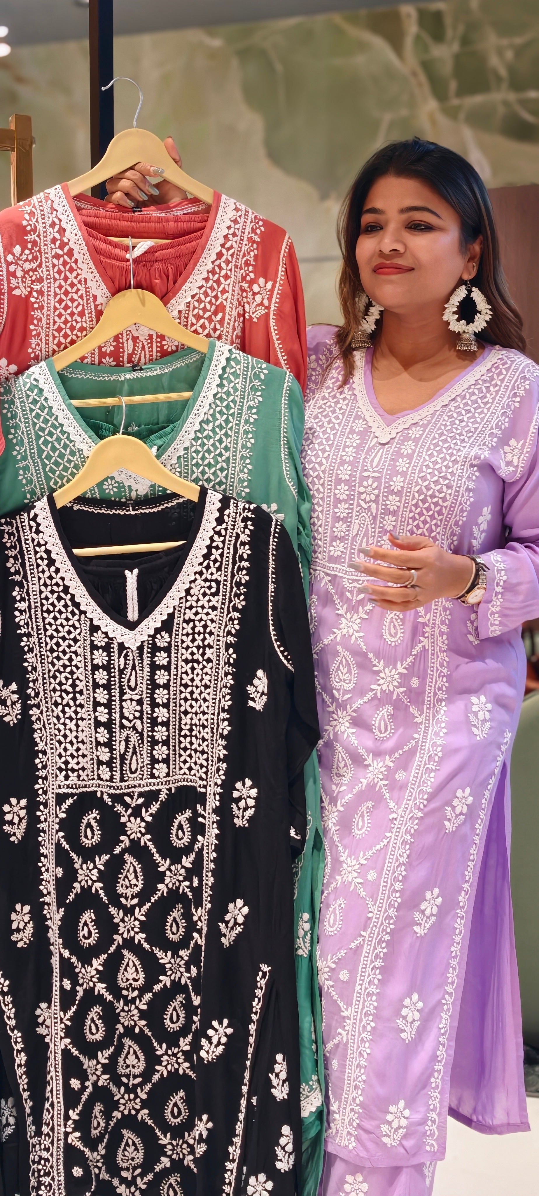 Beautiful Muslin Fabric without Lining  Lucknowi style kurta pant set with Intricate White Thread Embroidery -13947