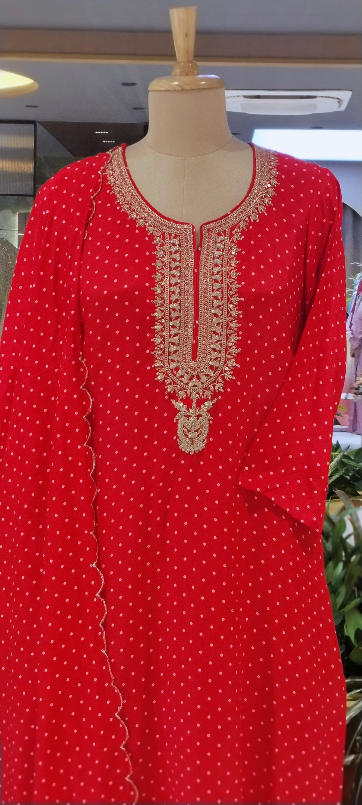 Bandhani Print Zardosi Sequin Neckline Vibrant Full Suit Set With Dupatta- 16406