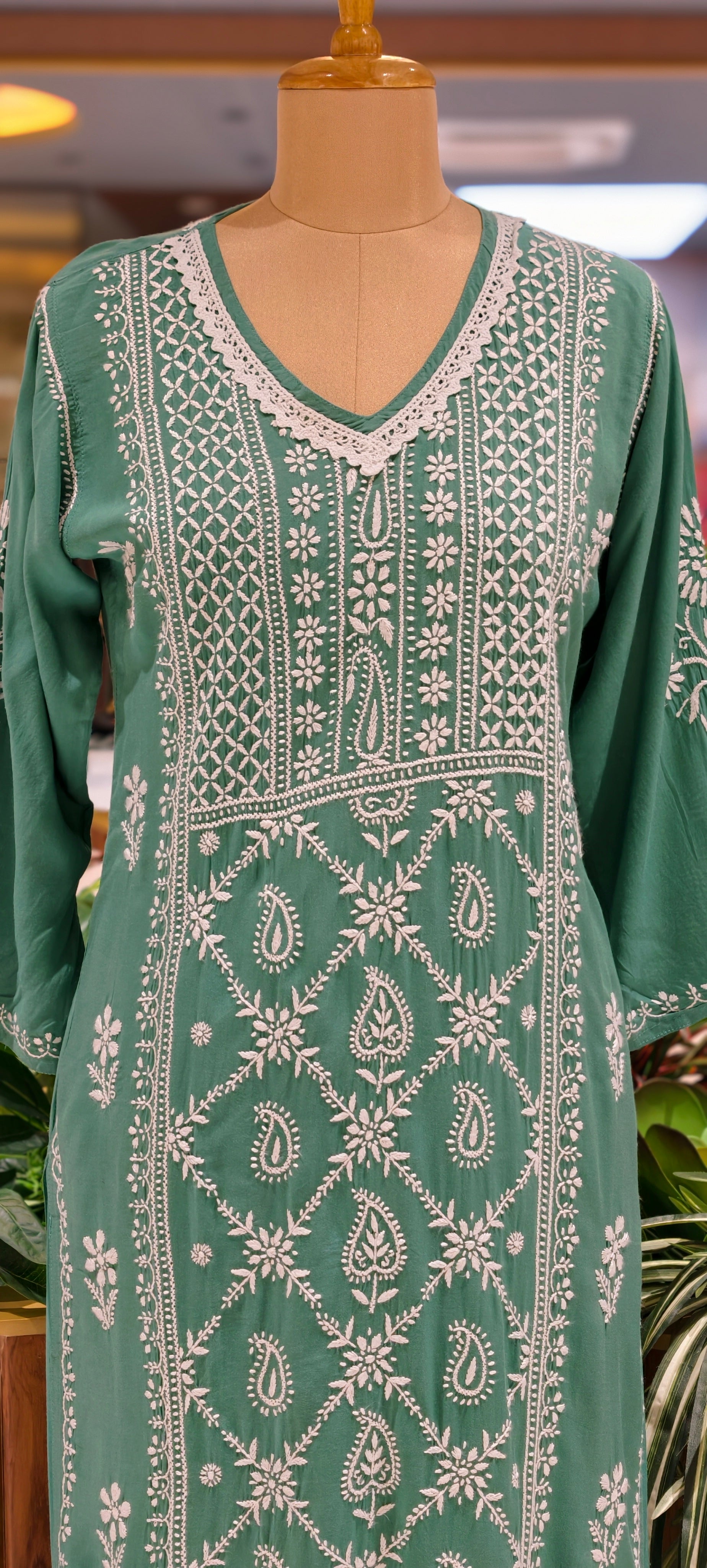 Beautiful Muslin Fabric without Lining  Lucknowi style kurta pant set with Intricate White Thread Embroidery -13947