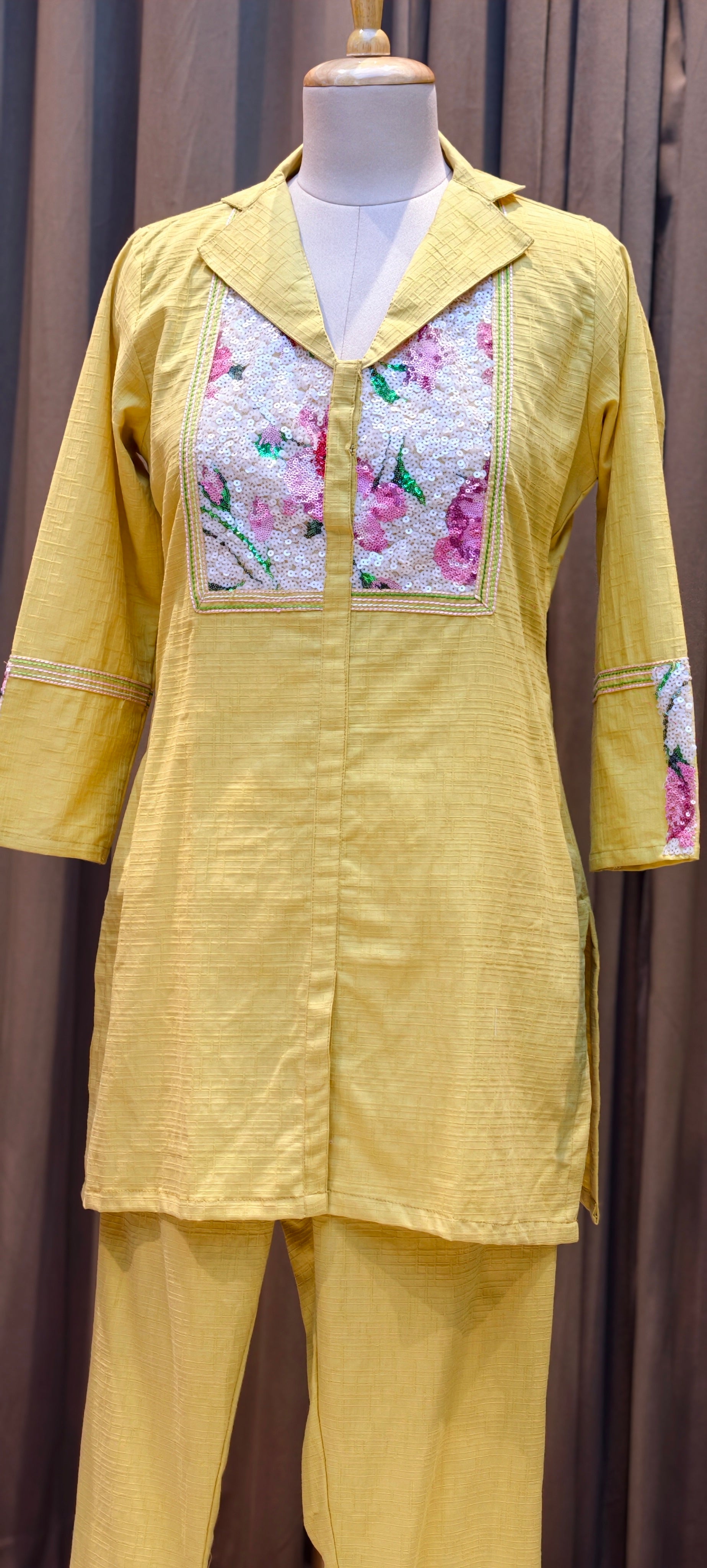Beautiful Premium Cotton kurta pant set floral printed and embellished front panel-13932