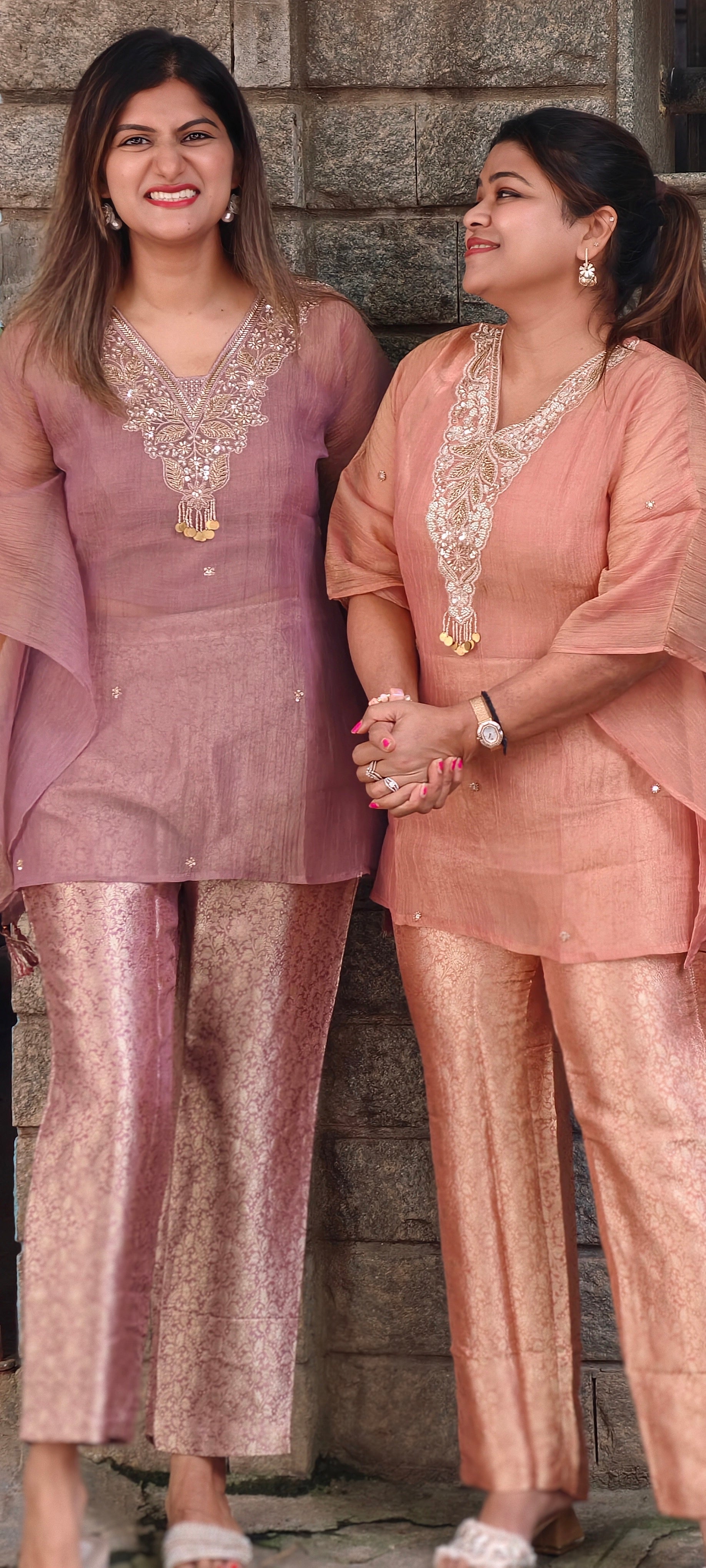 Intricate Beads With Cut-Dana Embroidered Neckline Crush Tissue Kaftan Style Sleeve Co-Ord Set With Brocade Bottom- 15967