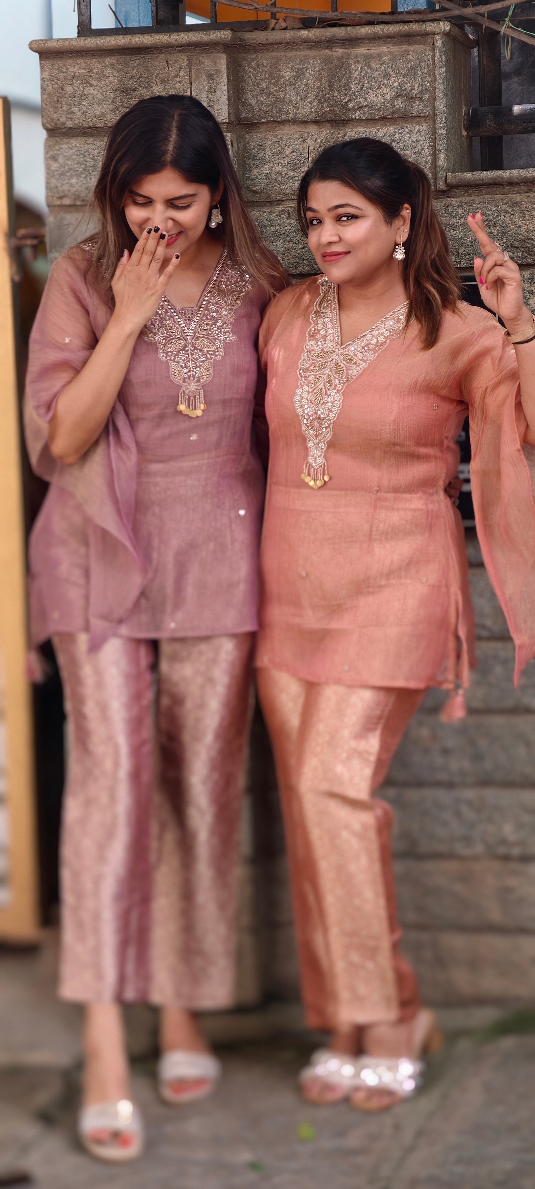Intricate Beads With Cut-Dana Embroidered Neckline Crush Tissue Kaftan Style Sleeve Co-Ord Set With Brocade Bottom- 15967