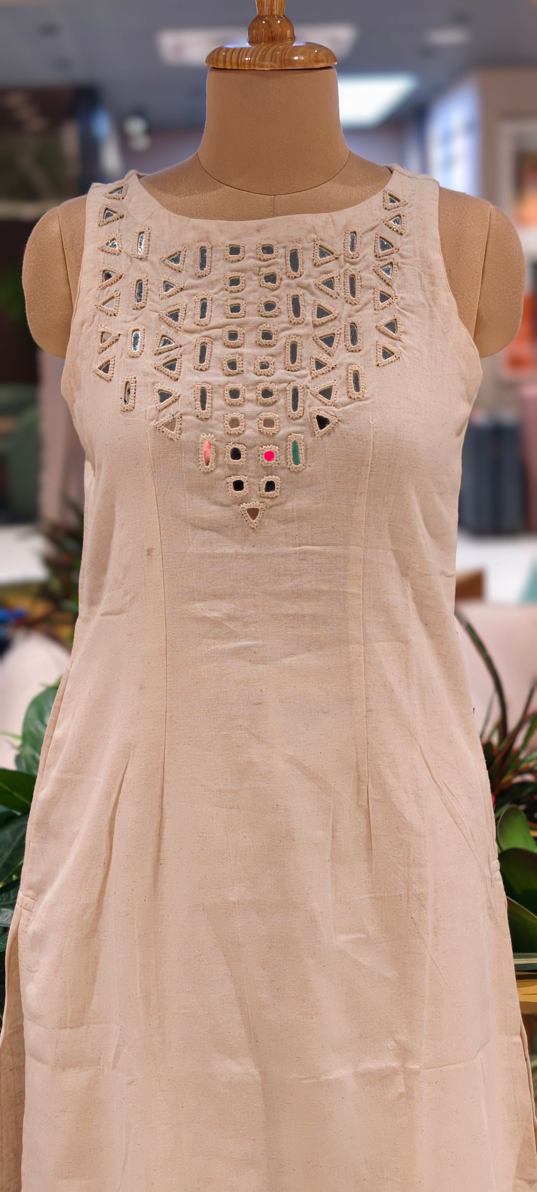 Elegant Handloom Cotton Sleeveless Kurta Set with Mirror Cutwork Neck With Loose Pants-14187 RB173