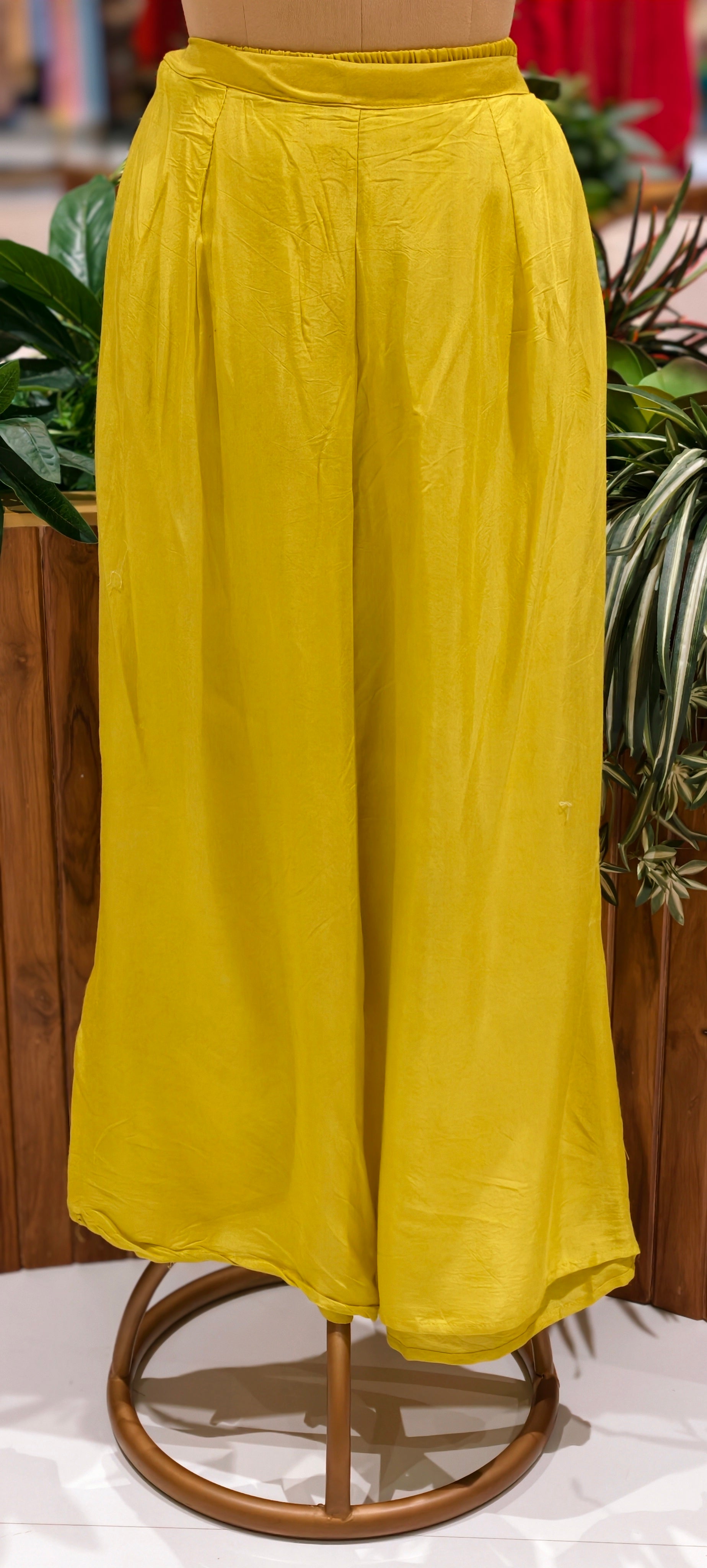 Elegant Chanderi Fabric Shirt Style Kurta Set with Yellow Floral Embroidery, Side Tie-Up Detail & Flowy Palazzo Pants-13958