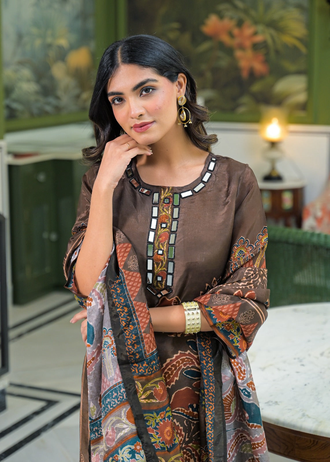 Premium Crepe Printed Suit Set With Real Mirror-Work Neckline, Designer Sleeves & Matching Dupatta-12810,12808