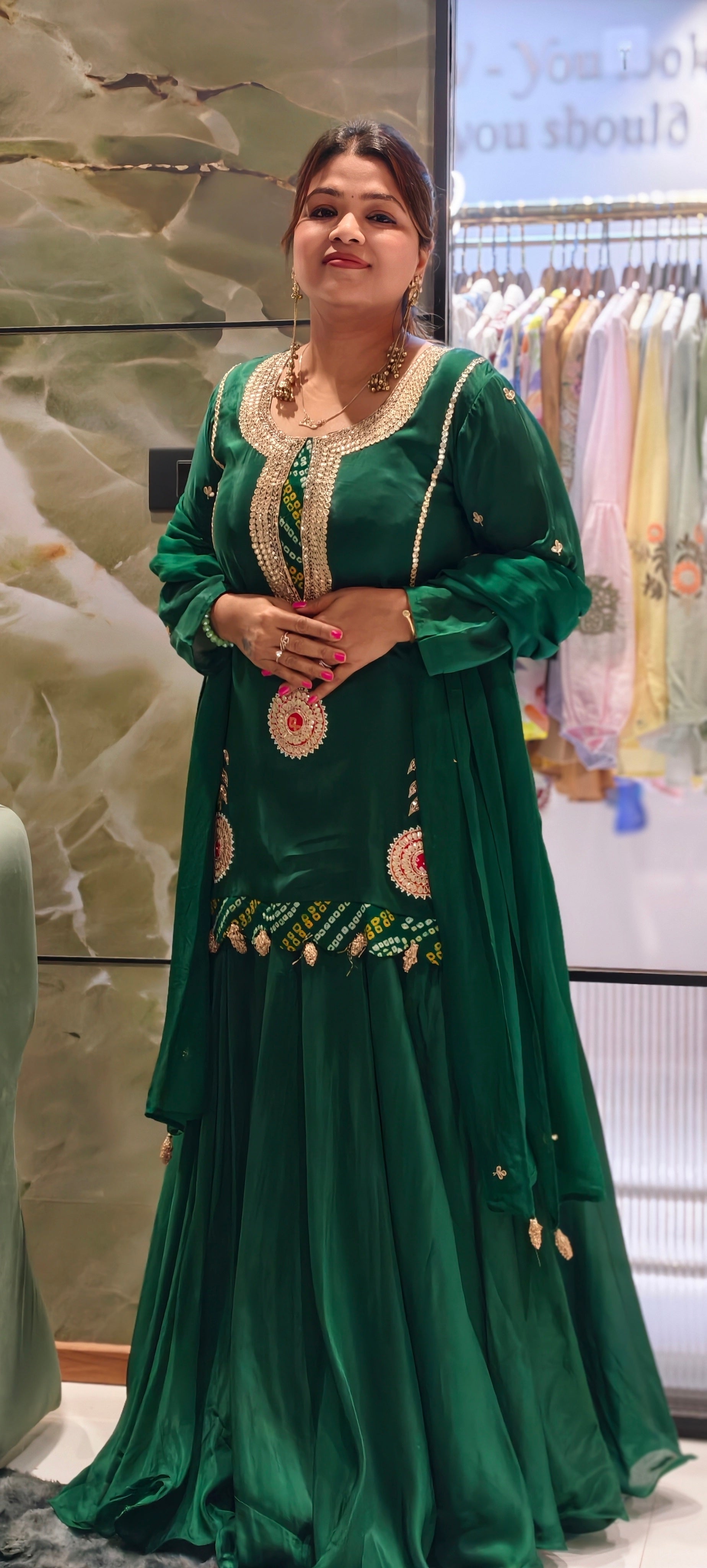 Bandhej Highlights Elegant Gotta Detailing Crepe Full Suit Set With Flared Skirt Bottom & Dupatta- 15852