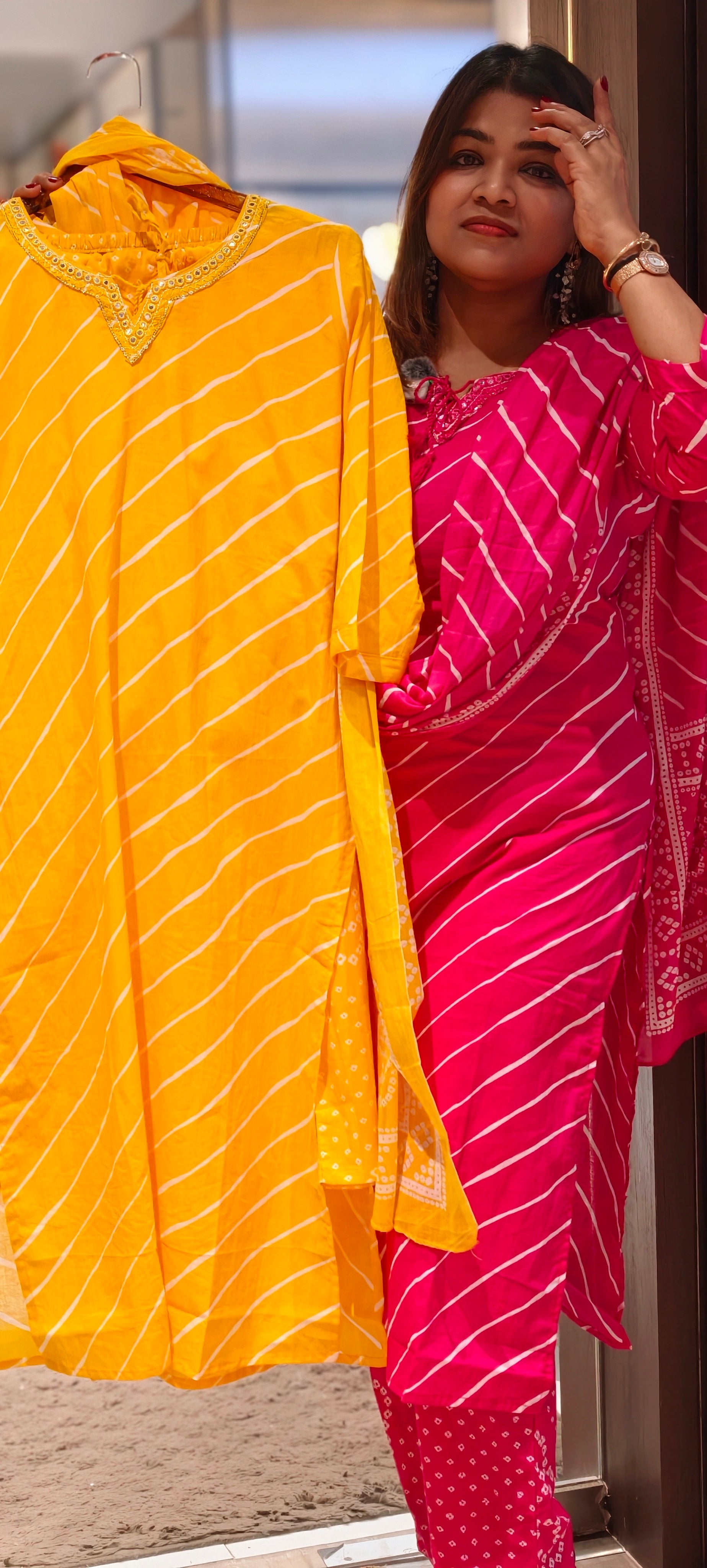 Premium Leheriya Print Cotton Full Suit Set with Matching Dupatta- 15475