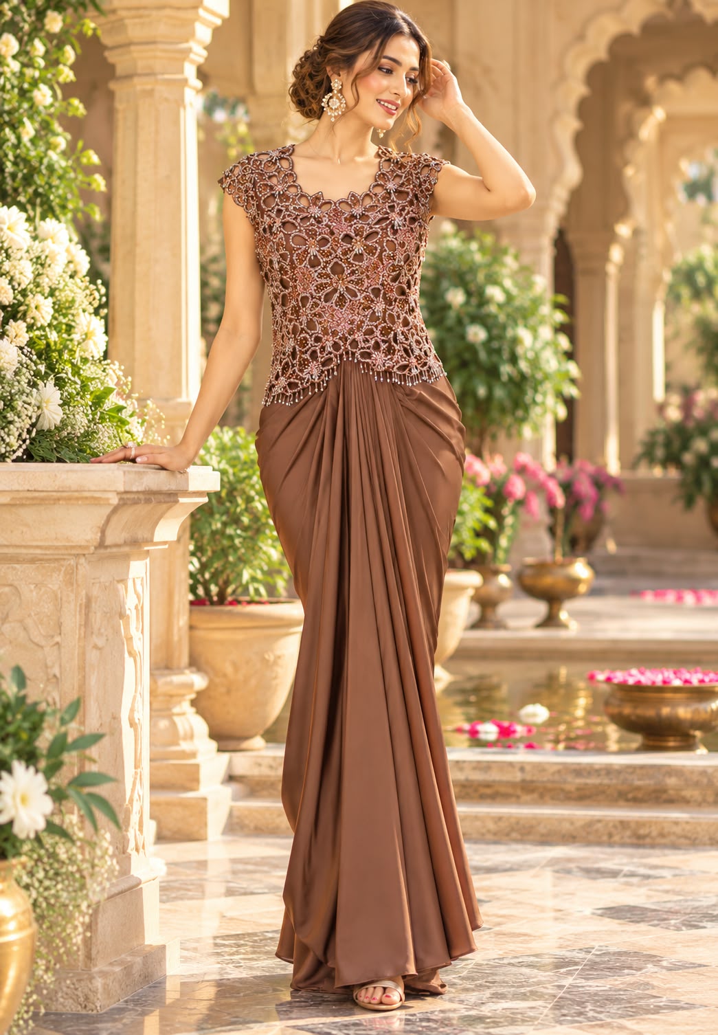 Luxury Mocha Brown Designer Gown with Intricate Sequin Embellishments, Cutwork Bodice & Elegant Floor-Length Flared Silhouette 16895