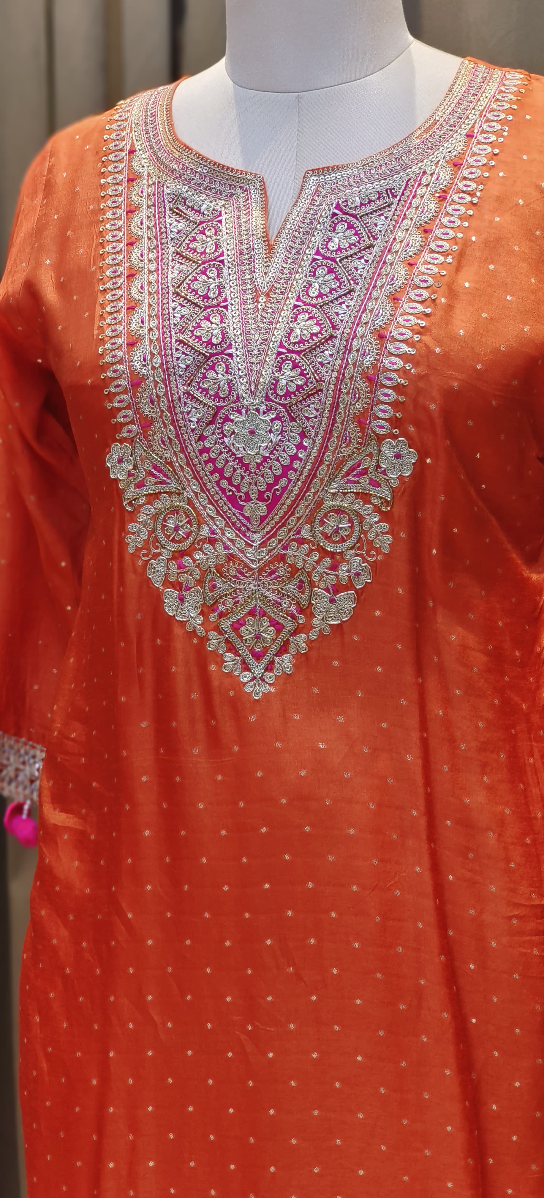 Dola Silk Embroidered Kurta Set with Heavy Zari & Thread Work Yoke, Matching Pants, and Pom-Pom Detailed Dupatta-12706,12705