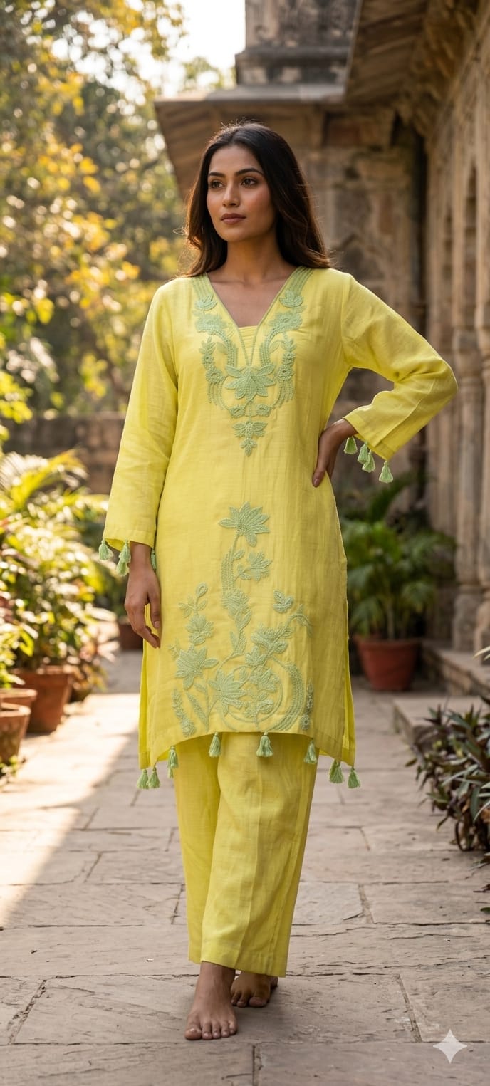 Premium Thread Embroidery Elegant High Low Tassel Accent Kurta Pant Set- 14404 RB320