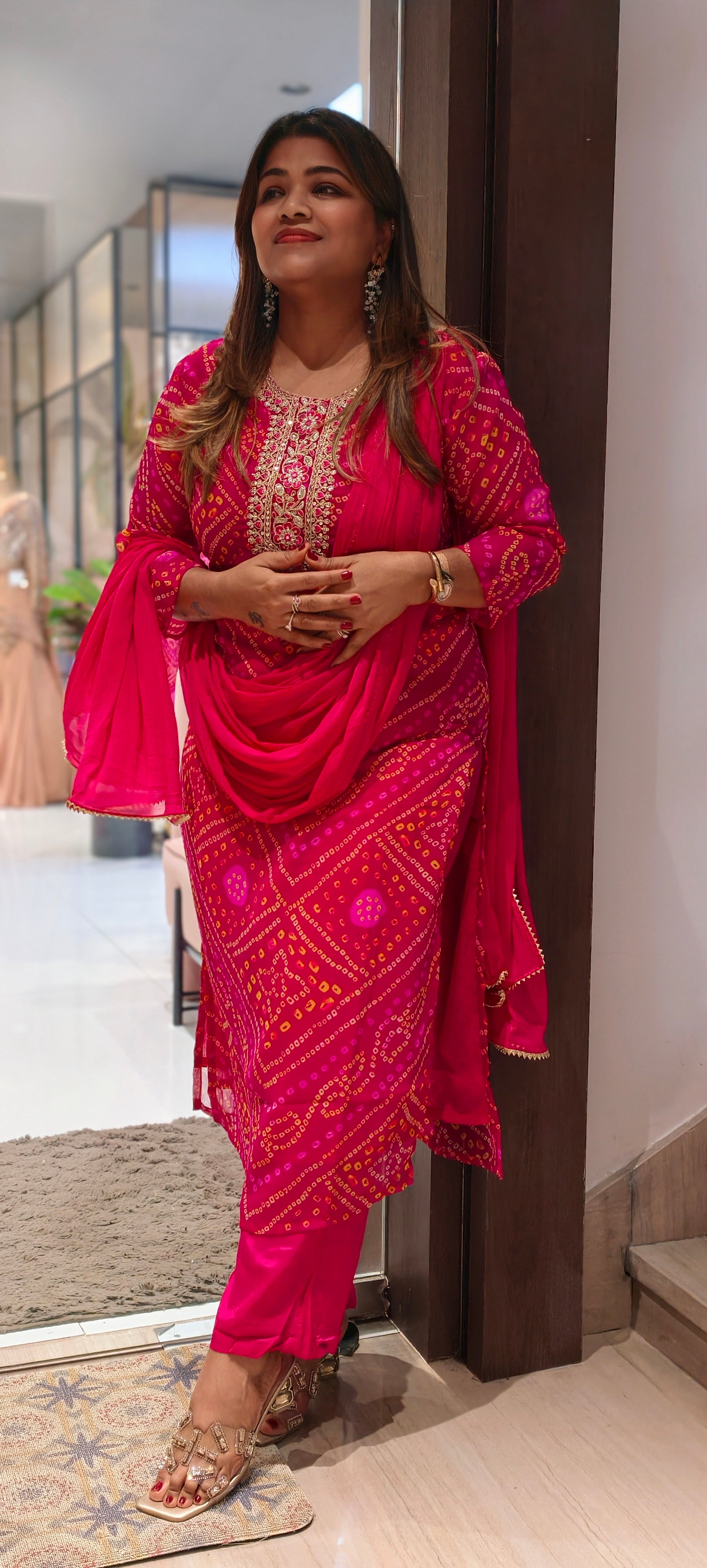 Georgette Bandhani Print Embroidered Full Suit Set with Dupatta And Bottom-15482