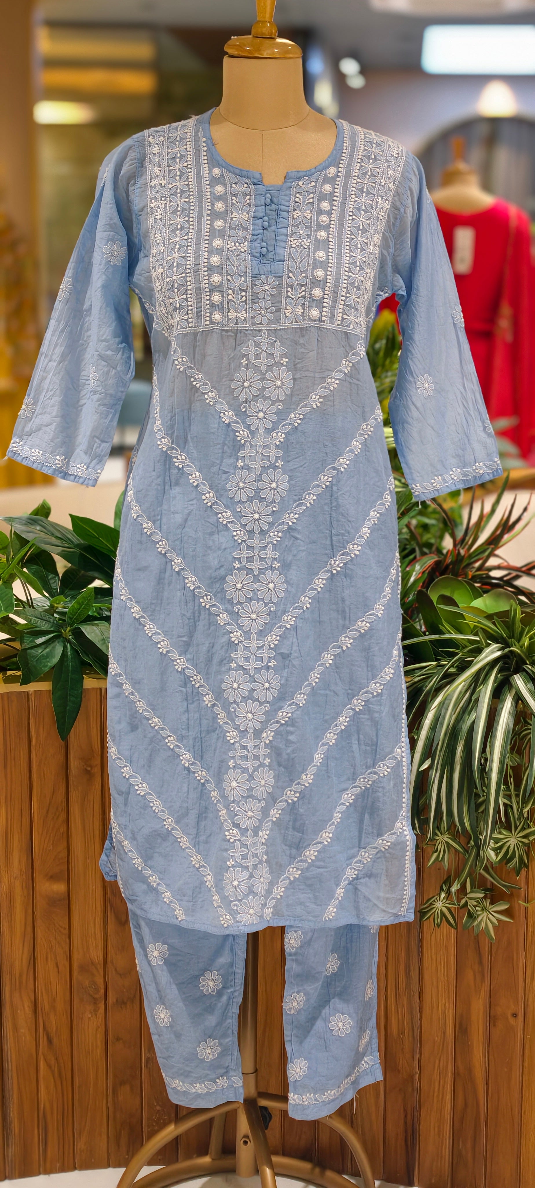 Mul Chanderi Lucknowi Style Embroidered Kurta Pant Set-13952