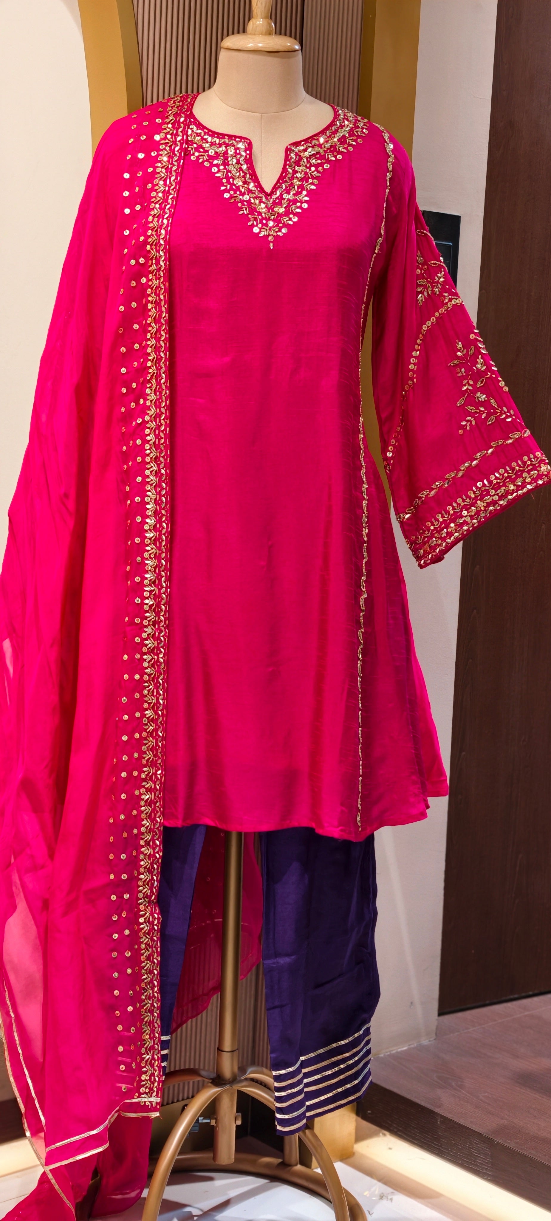Tiny Sequin Detailing Hand Worked Contrast Mix Vibrant A-Line Full Suit Set With Dupatta In Russian Silk Fabric- 13808