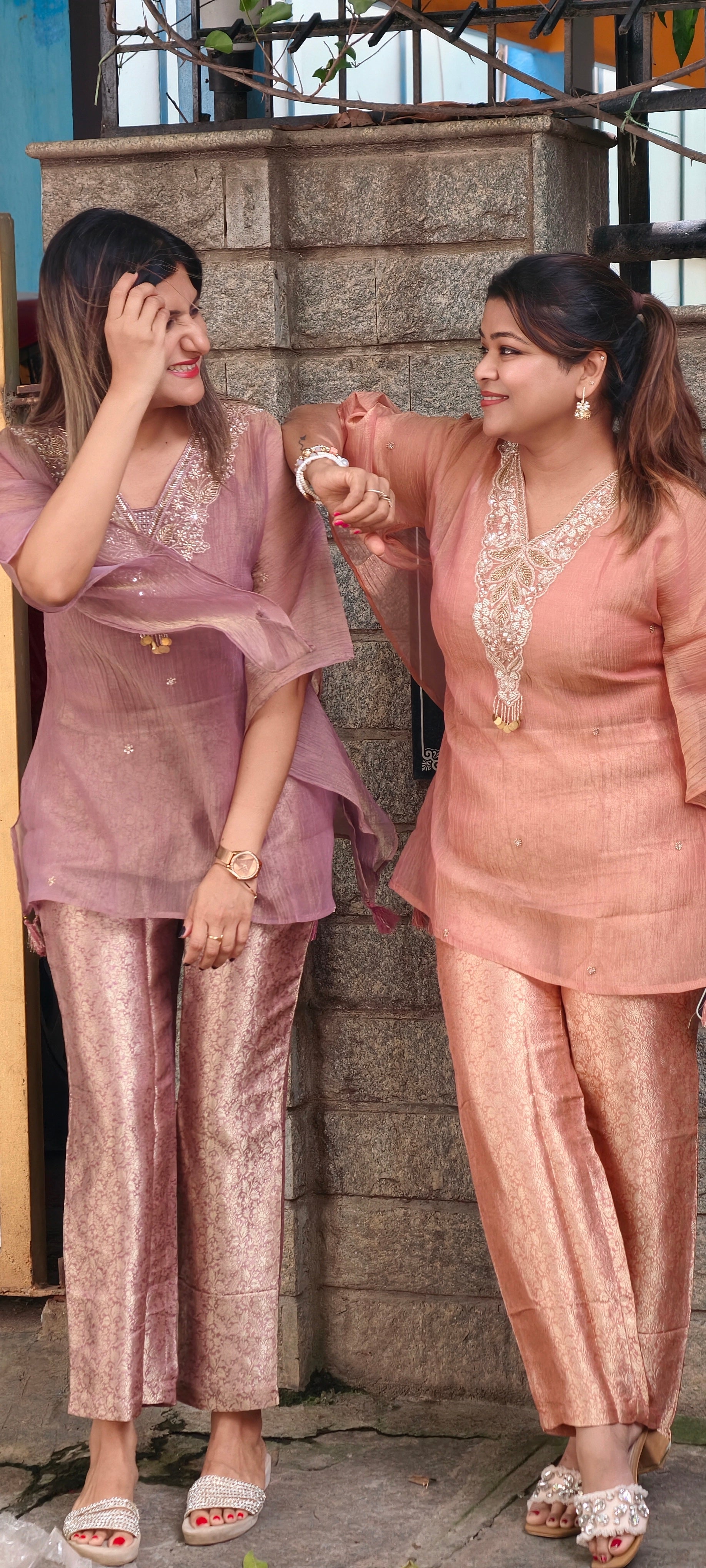 Intricate Beads With Cut-Dana Embroidered Neckline Crush Tissue Kaftan Style Sleeve Co-Ord Set With Brocade Bottom- 15967
