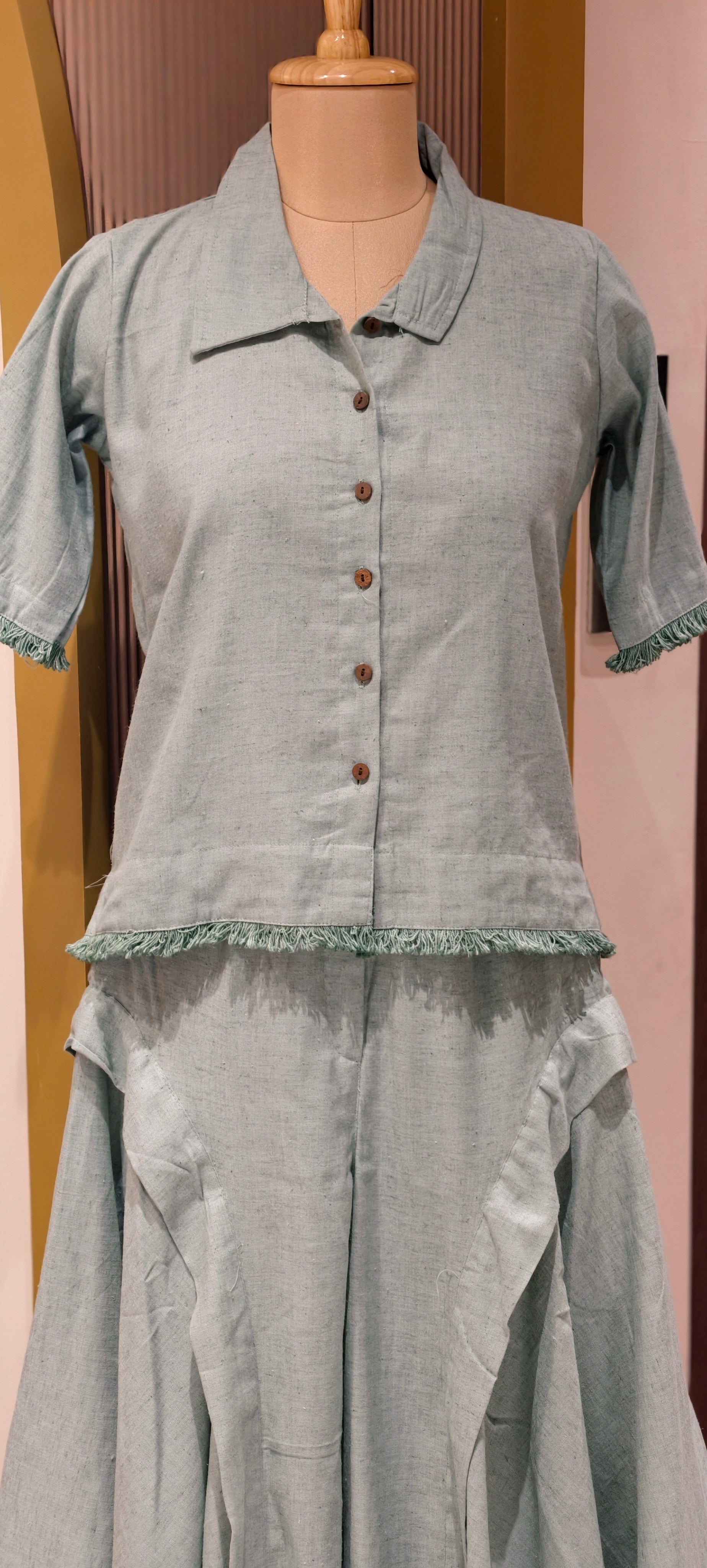 Handloom Cotton Shirt Co-Ord Set with With Short Top & Statement Flared Bottom Pants-14192 RB177