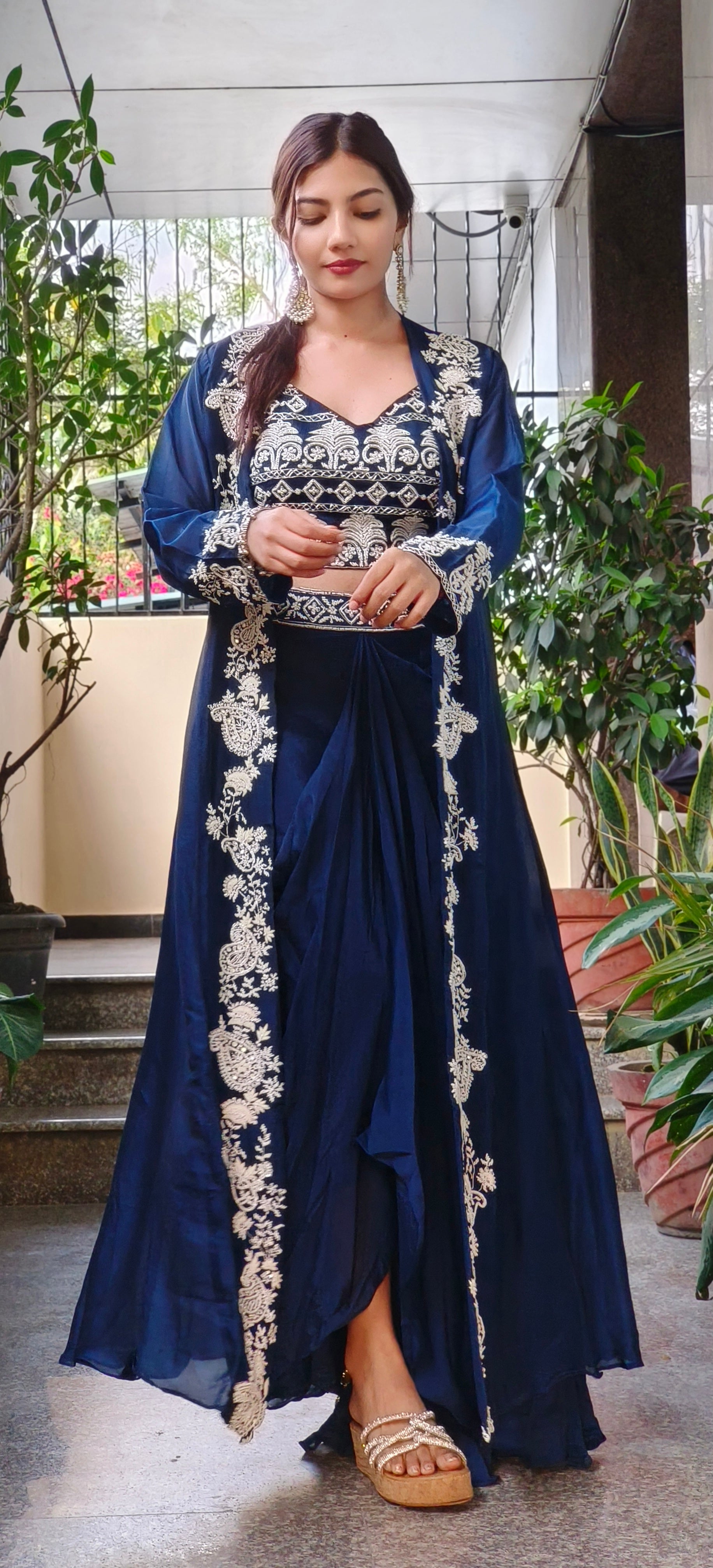 Designer Indo western croptop with skirt and organza shrug