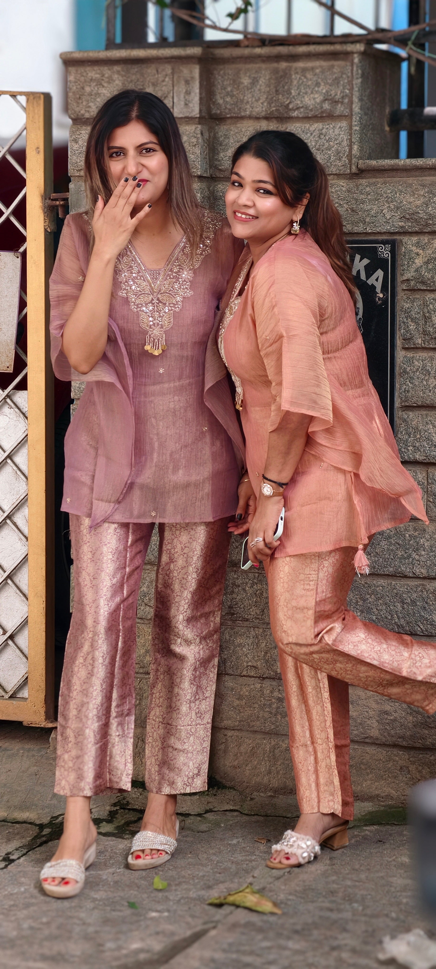Intricate Beads With Cut-Dana Embroidered Neckline Crush Tissue Kaftan Style Sleeve Co-Ord Set With Brocade Bottom- 15967