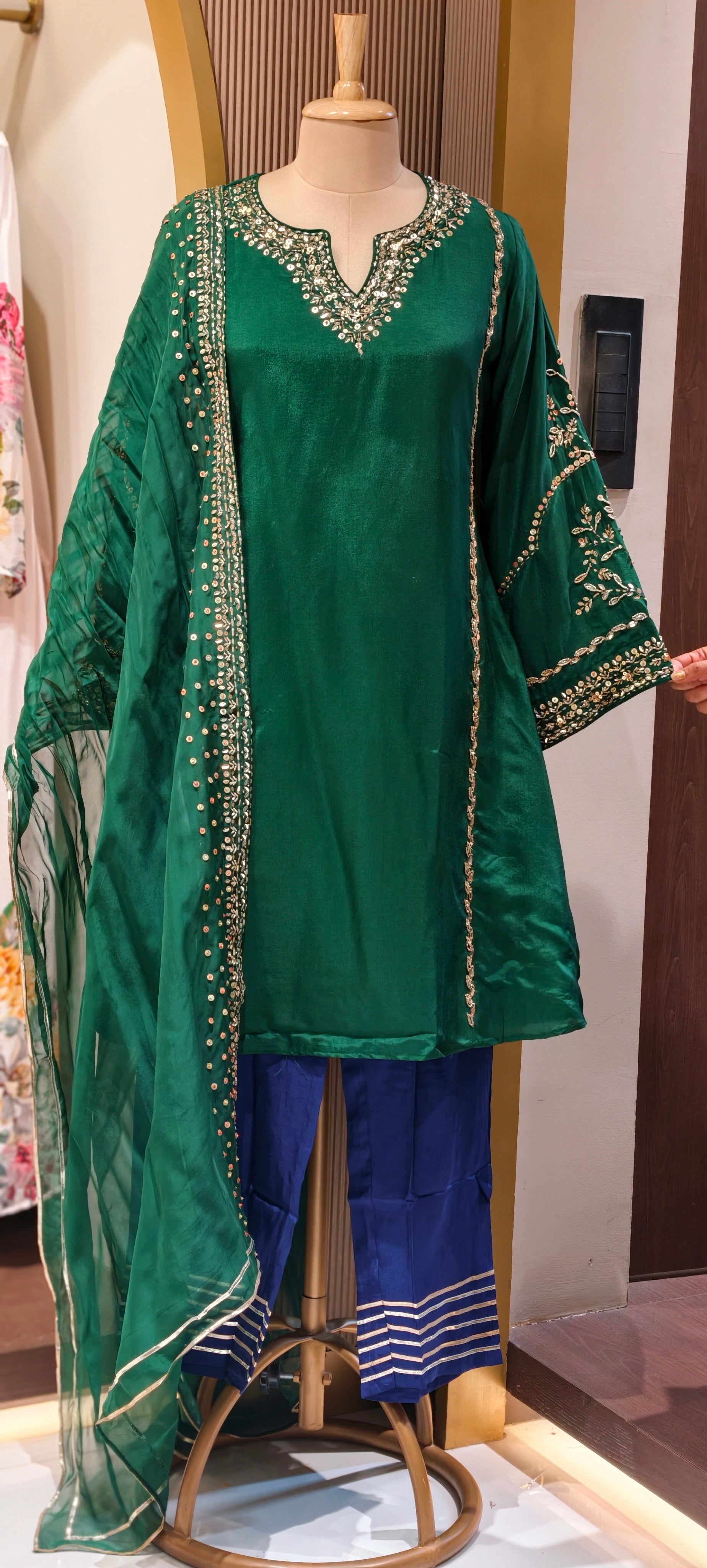 Tiny Sequin Detailing Hand Worked Contrast Mix Vibrant A-Line Full Suit Set With Dupatta In Russian Silk Fabric- 13808