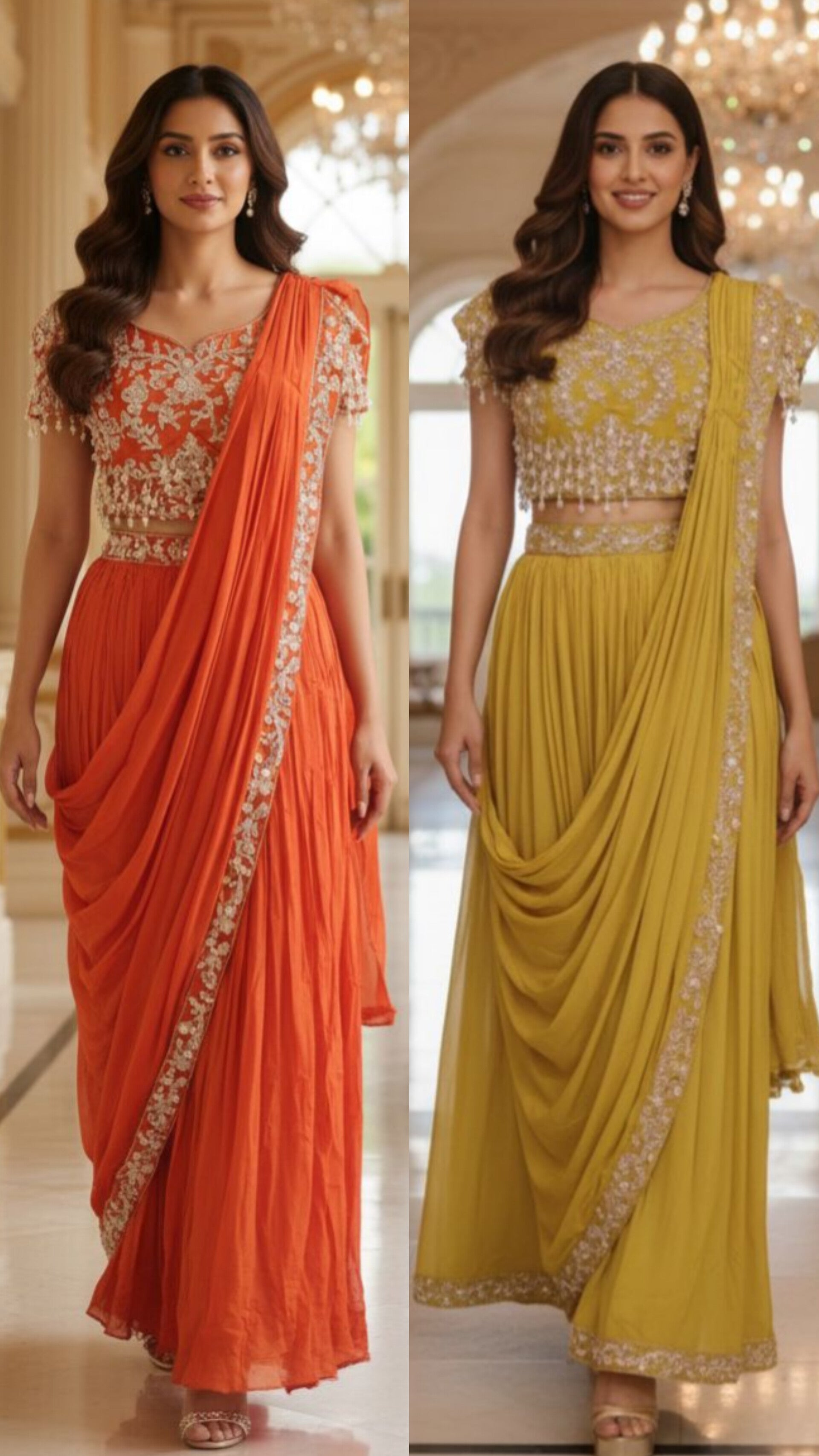 Sequin Embroidered With Heavy Pearl Tassel Blouse & Drape Skirt Saree Style Outfit