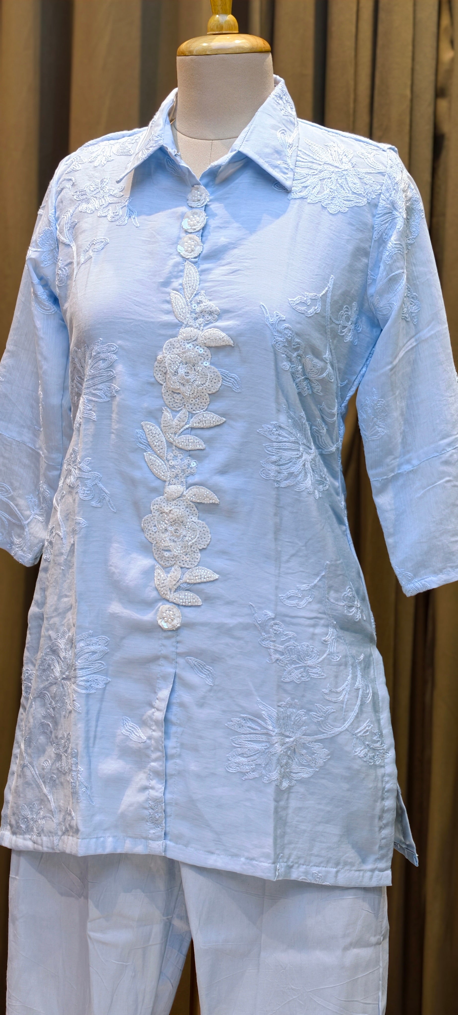 Pearl White Floral Embroidered Premium Cotton Co-Ord Set With Tiny Pearl & Sequin Placket- 13829