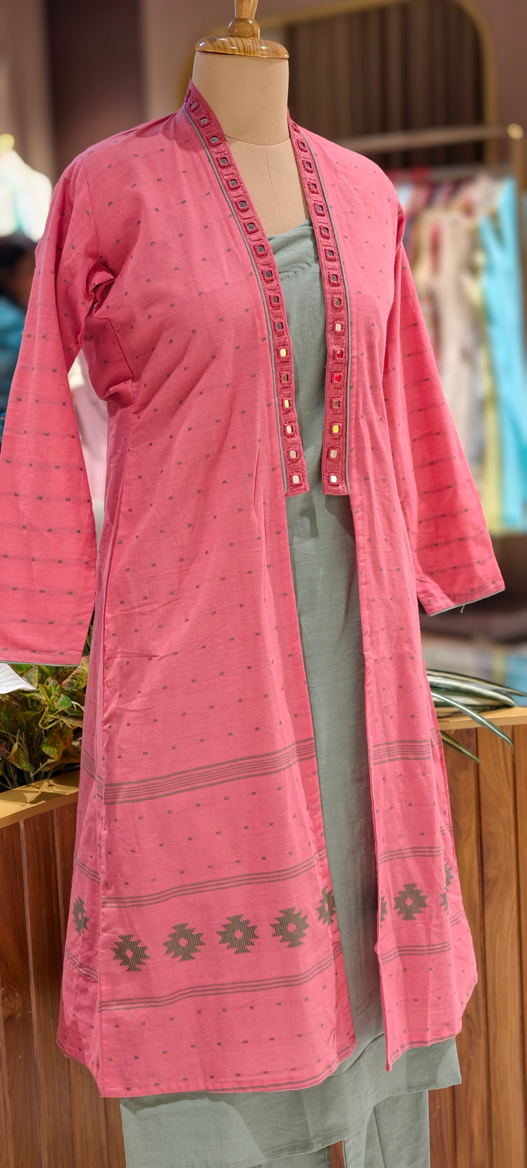 Elegant 3-Piece Layered Kurta Set with Inner, Pants & Embellished Shrug In Cotton Fabric-14193 RB178
