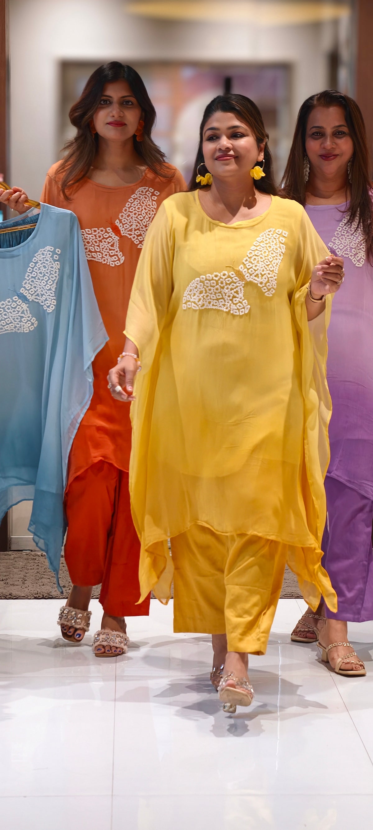Cut-Dana Butterfly Elegant Embroidery Front Work Beautiful Shades Chinon Kaftan With Matching Inner & Bottom- 16333