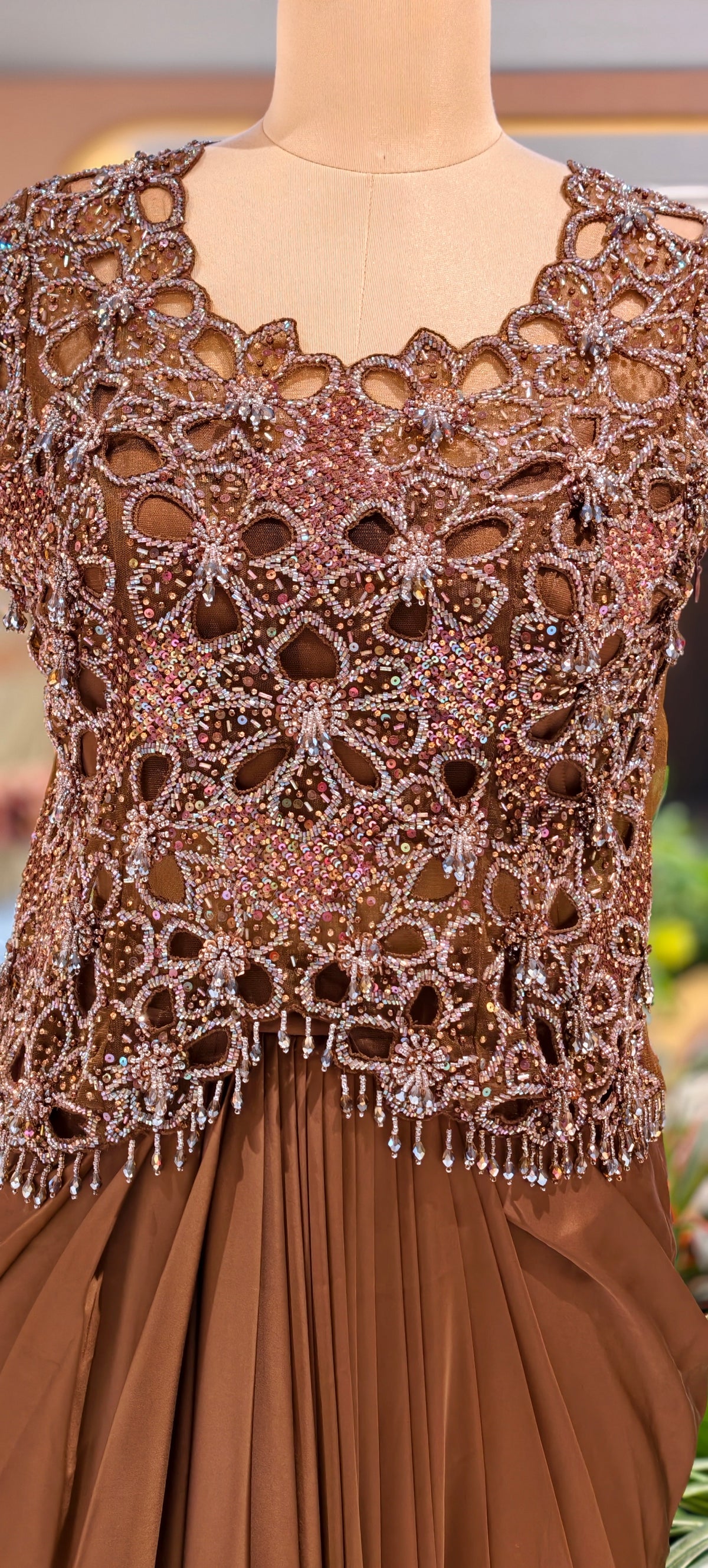 Luxury Mocha Brown Designer Gown with Intricate Sequin Embellishments, Cutwork Bodice & Elegant Floor-Length Flared Silhouette 16895