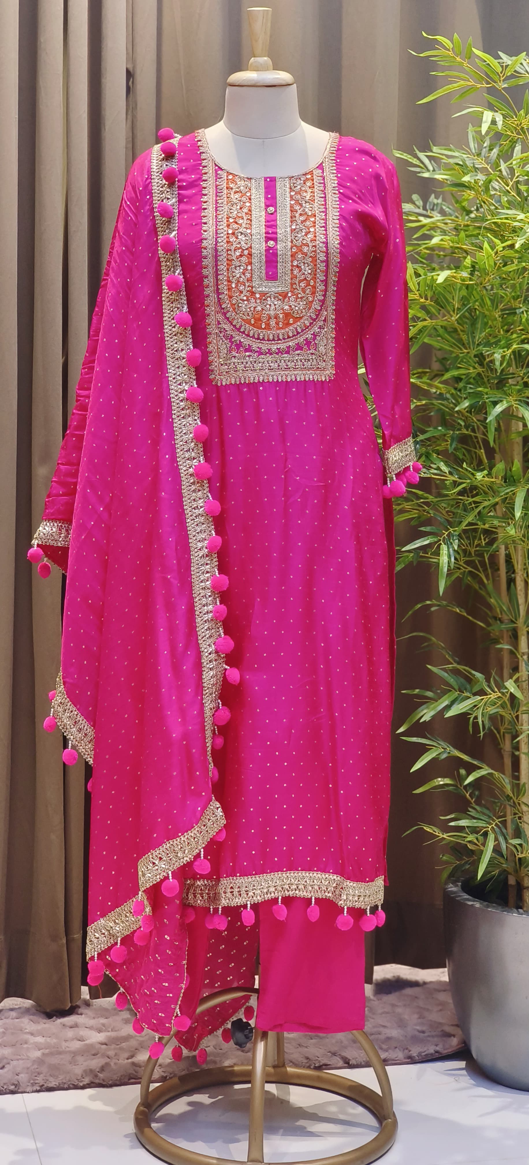 Dola Silk Embroidered Kurta Set with Heavy Zari & Thread Work Yoke, Matching Pants, and Pom-Pom Detailed Dupatta-12706,12705