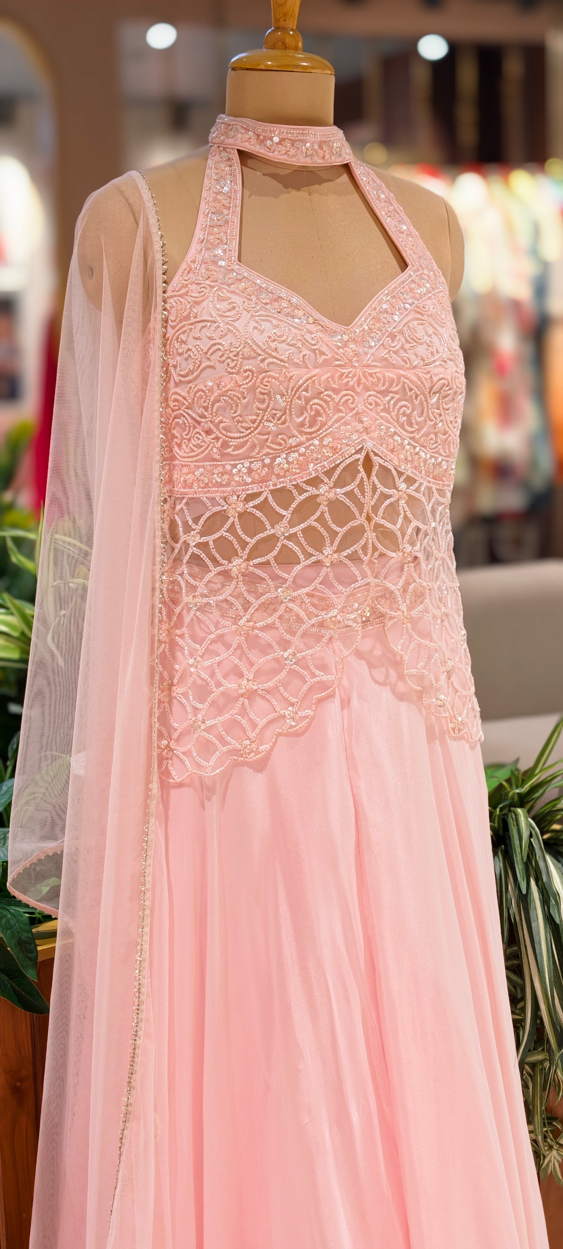 Soft Blush Pink Embroidered Divider Top With Flared Bottom with Sheer Neck Detail & Flowy Silhouette 14092 RB82