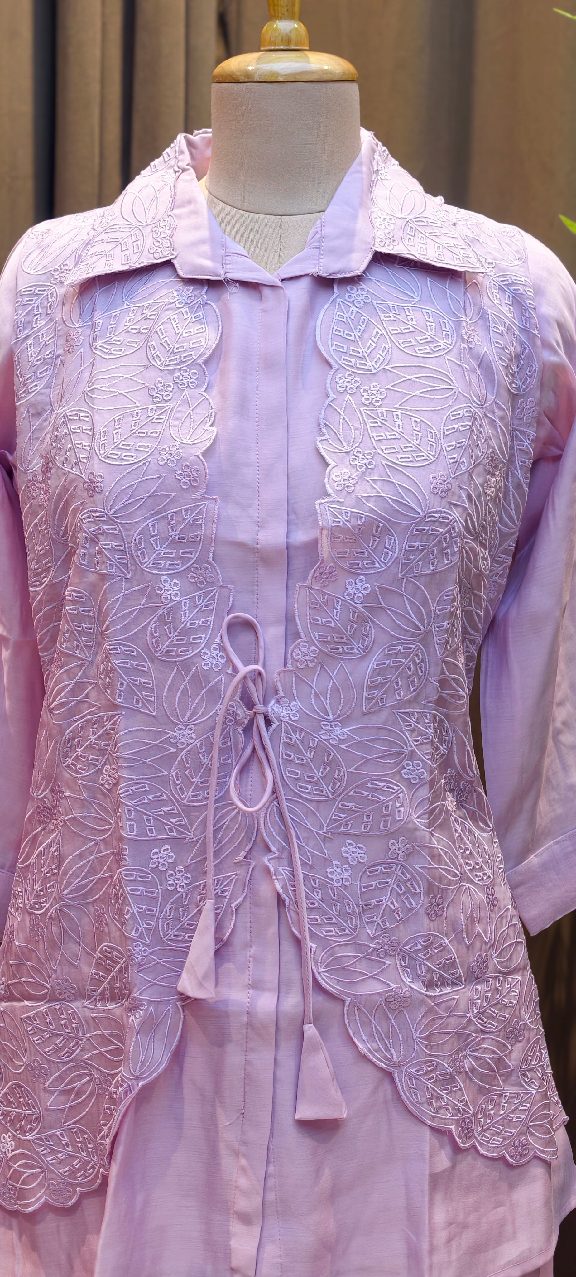 Pastel Surat Mul Chanderi Kurta Set with Statement Embroidered Attached Jacket-13904