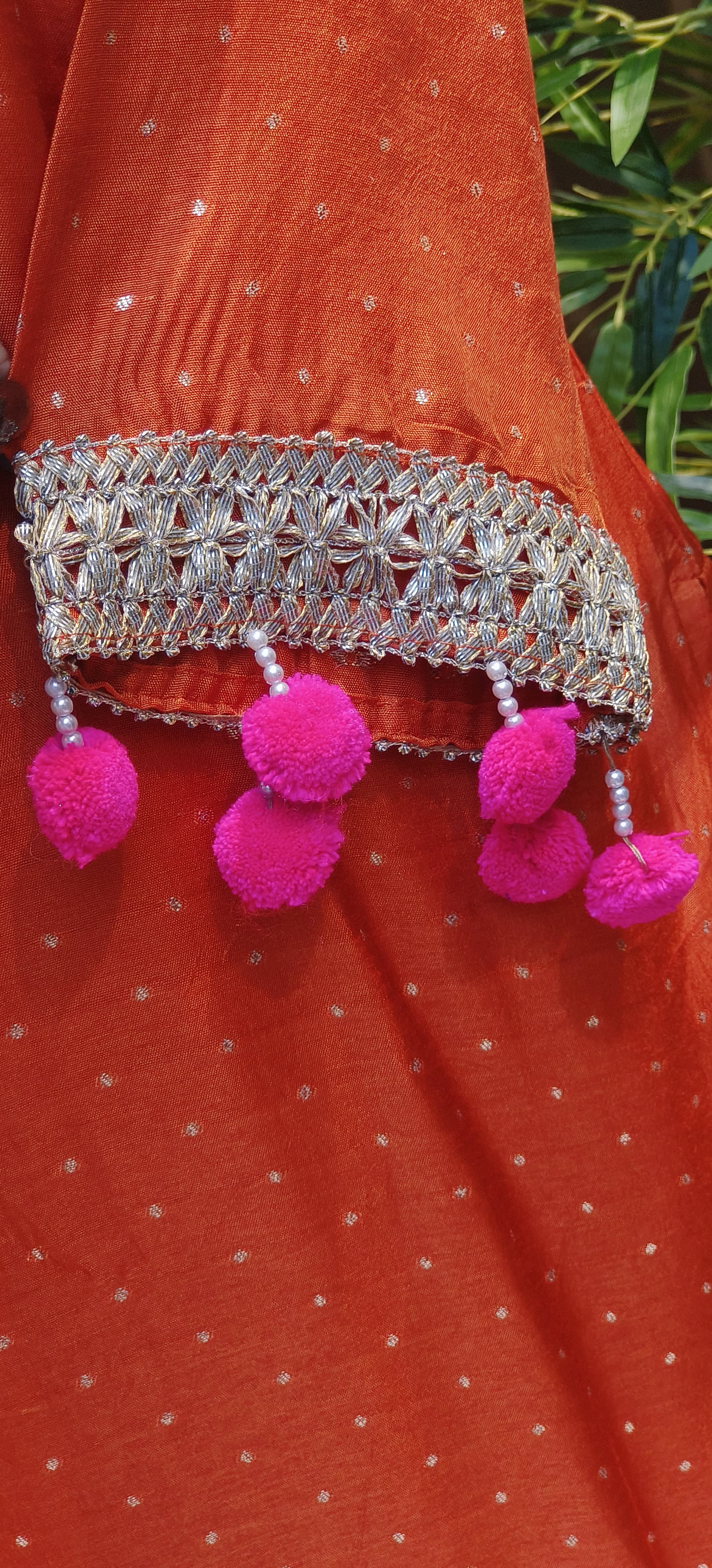 Dola Silk Embroidered Kurta Set with Heavy Zari & Thread Work Yoke, Matching Pants, and Pom-Pom Detailed Dupatta-12706,12705