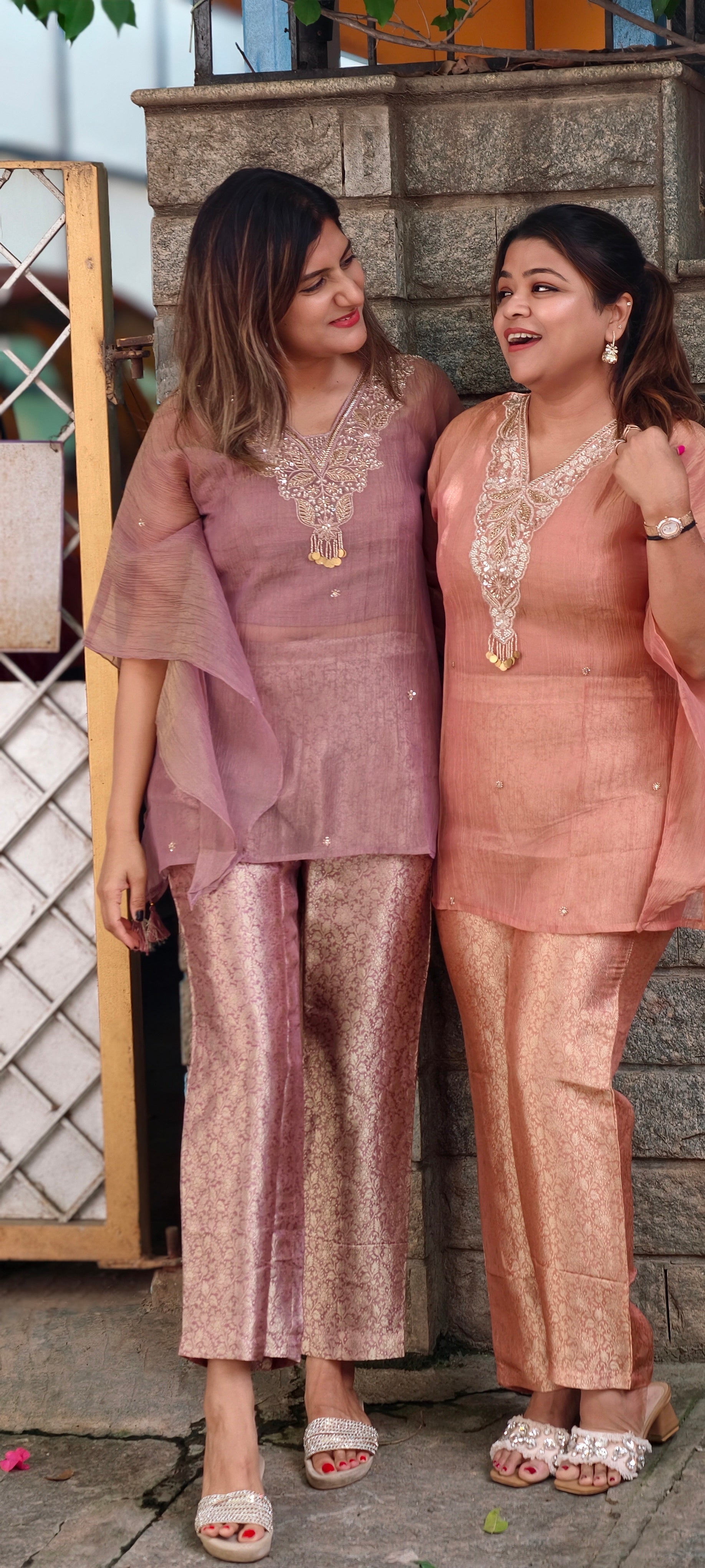 Intricate Beads With Cut-Dana Embroidered Neckline Crush Tissue Kaftan Style Sleeve Co-Ord Set With Brocade Bottom- 15967