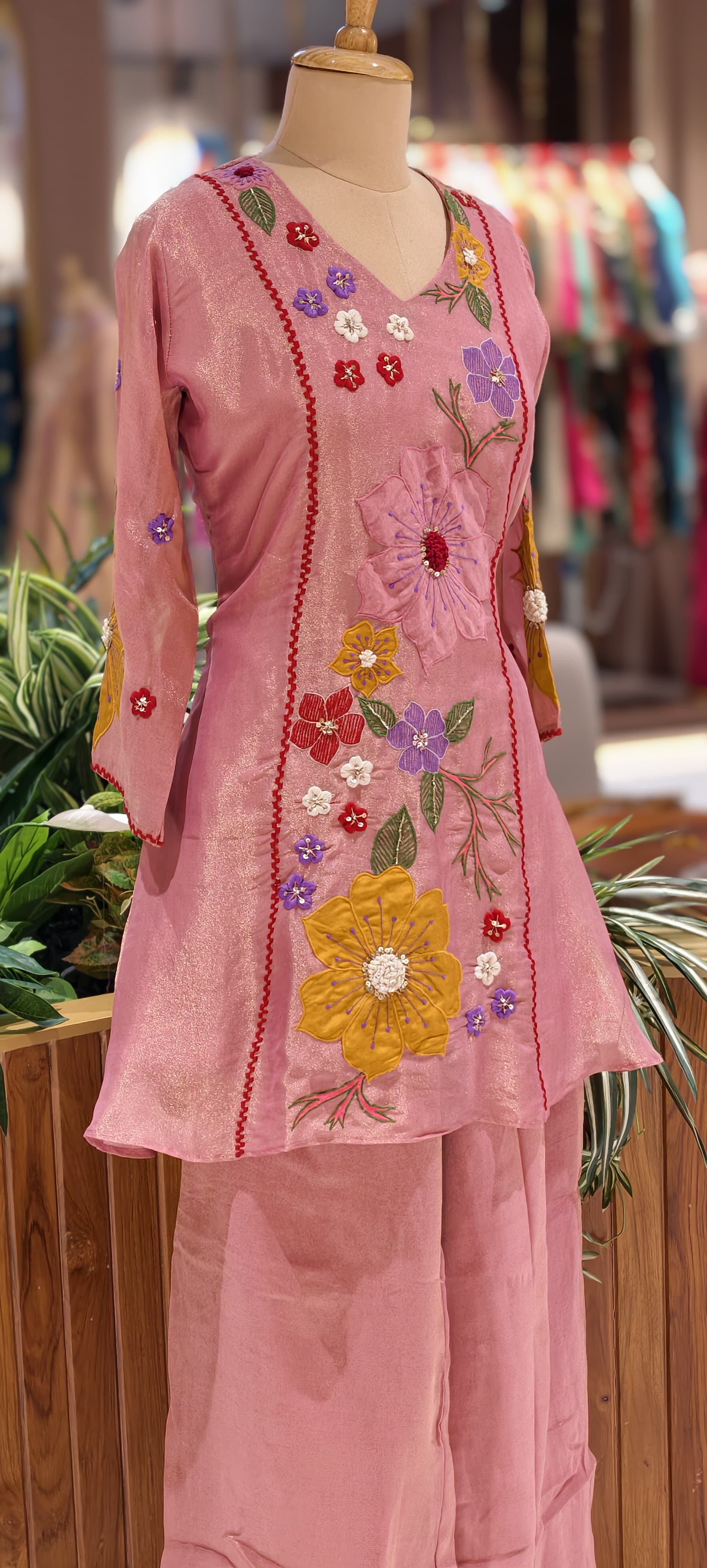 Luxury Shimmer Tissue Hand Embroidered Kurta with Palazzo Set-13812