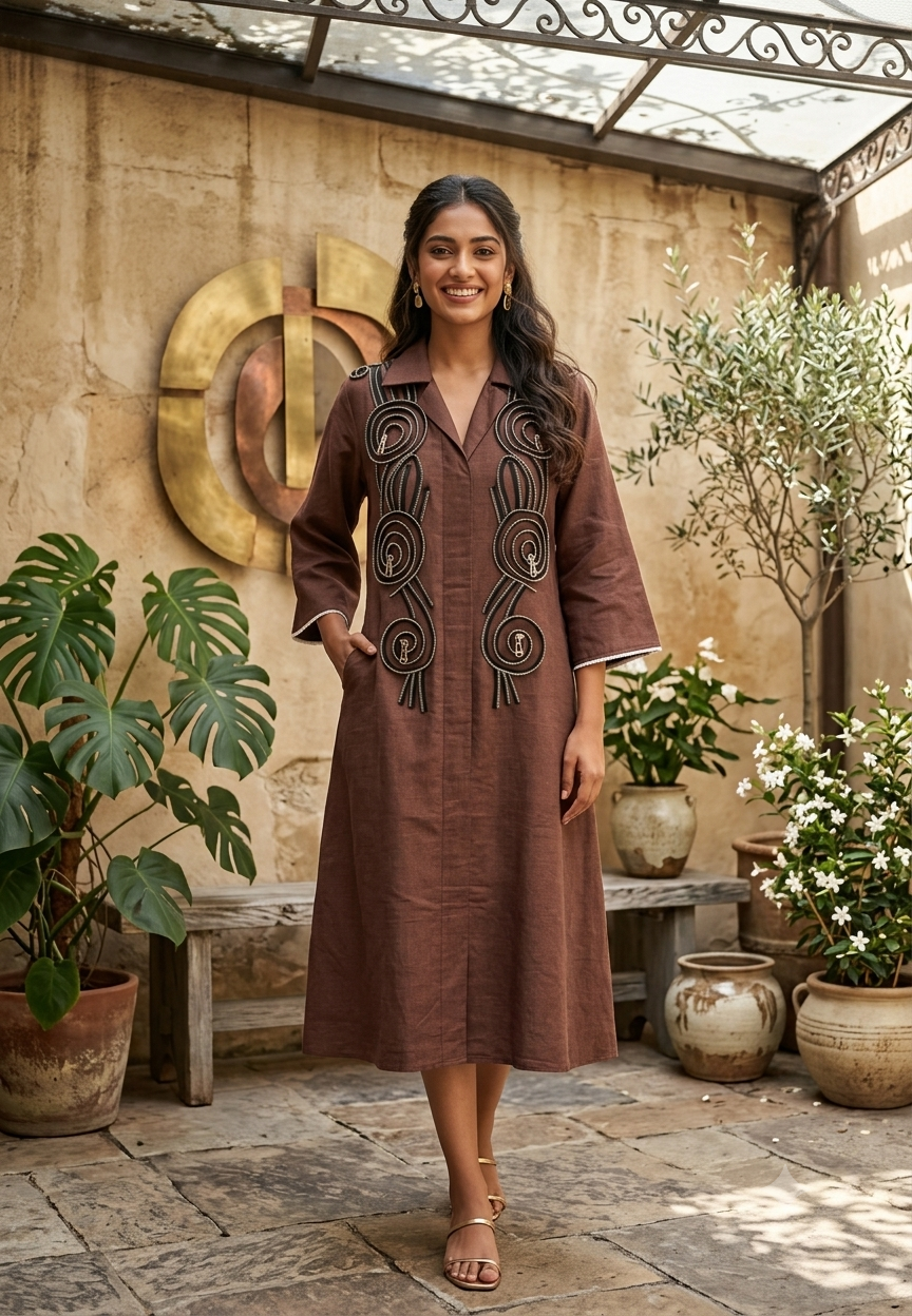 Dark Shade Longline Denim Shirt Dress with Statement Spiral Zipper Embellishments and Metallic Accents- 16112
